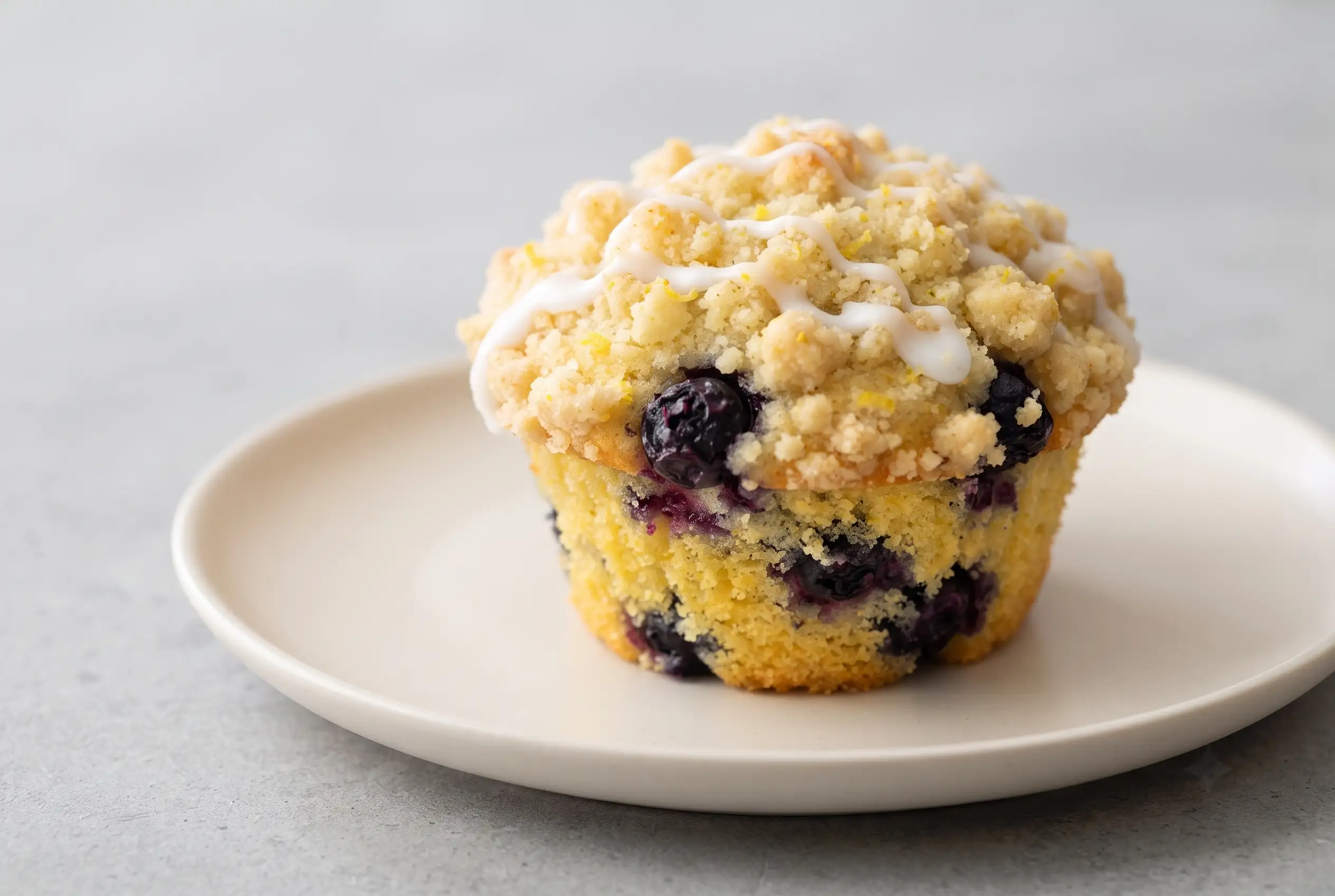Cornmeal blueberry muffin with lemon streusel topping on a plate showing blueberries and golden crumb