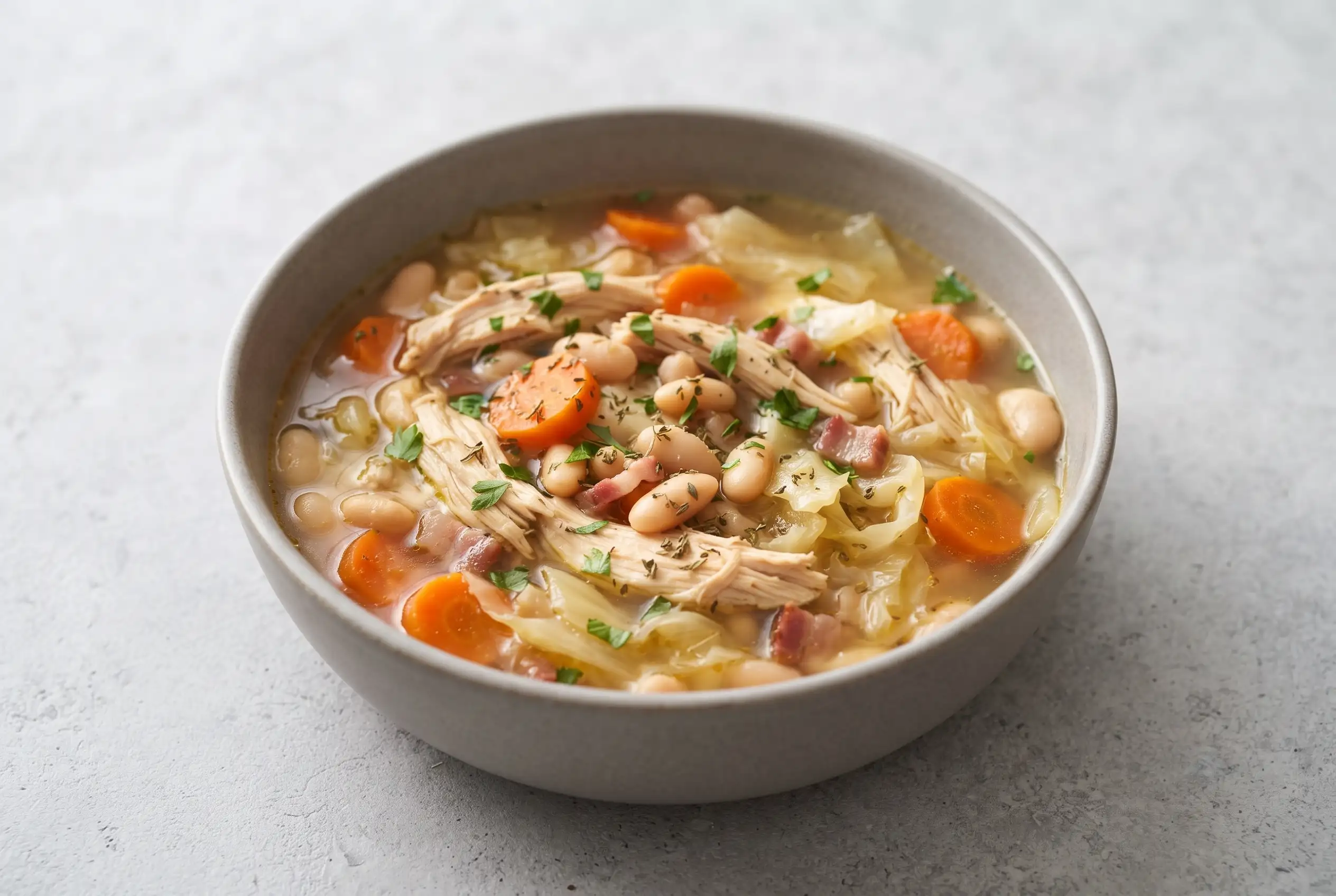 Country Chicken Stew with Navy Beans Country chicken stew with navy beans, shredded chicken, carrots, cabbage, and smoky bacon in broth