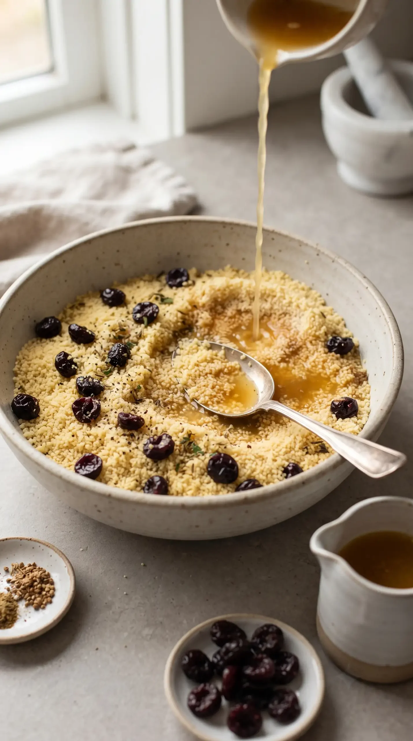 Couscous soaking with broth, dried cherries, cumin, coriander, salt, and pepper