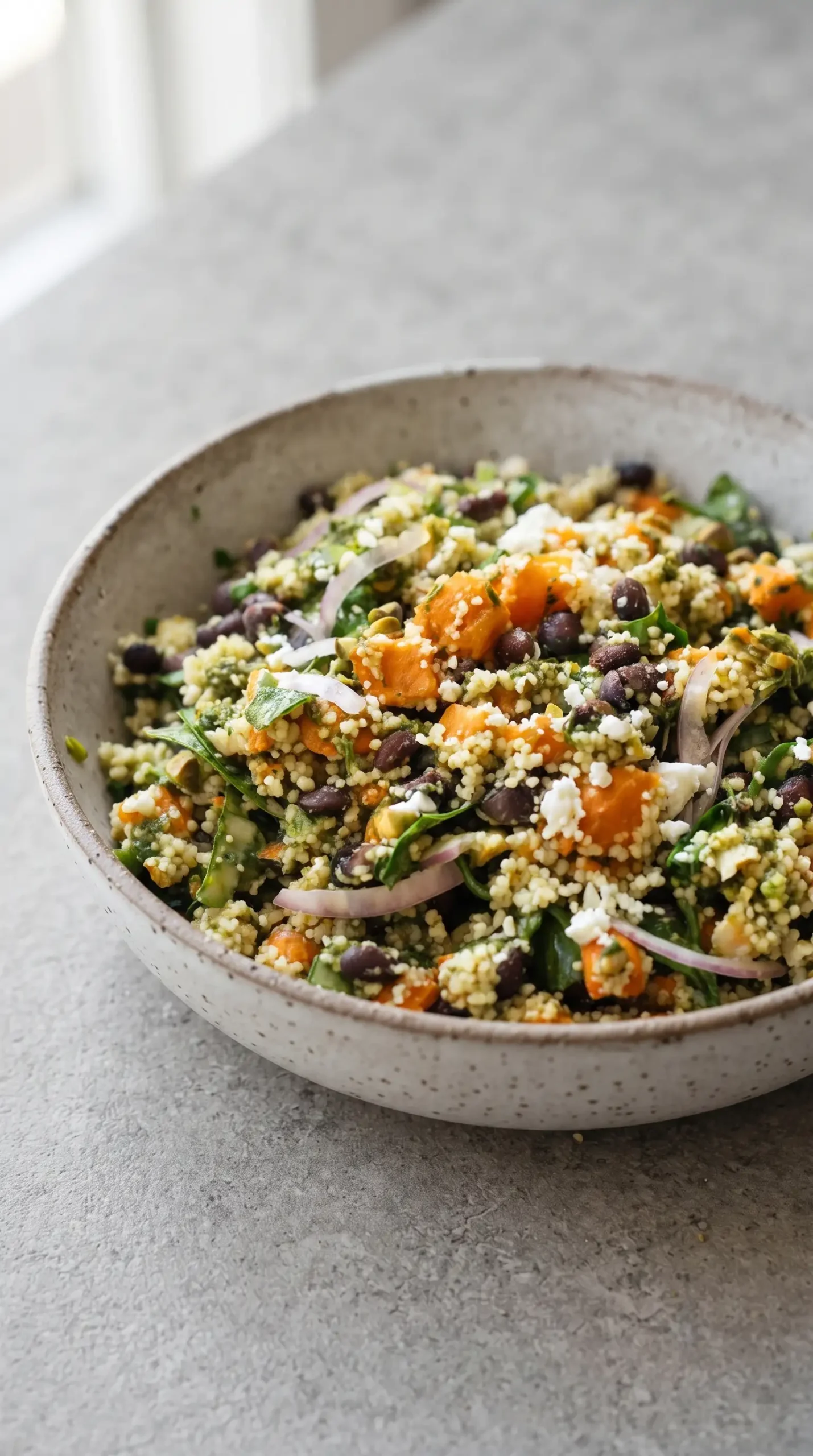 Couscous salad bowl with roasted sweet potatoes, black beans, spinach, feta, and basil dressing