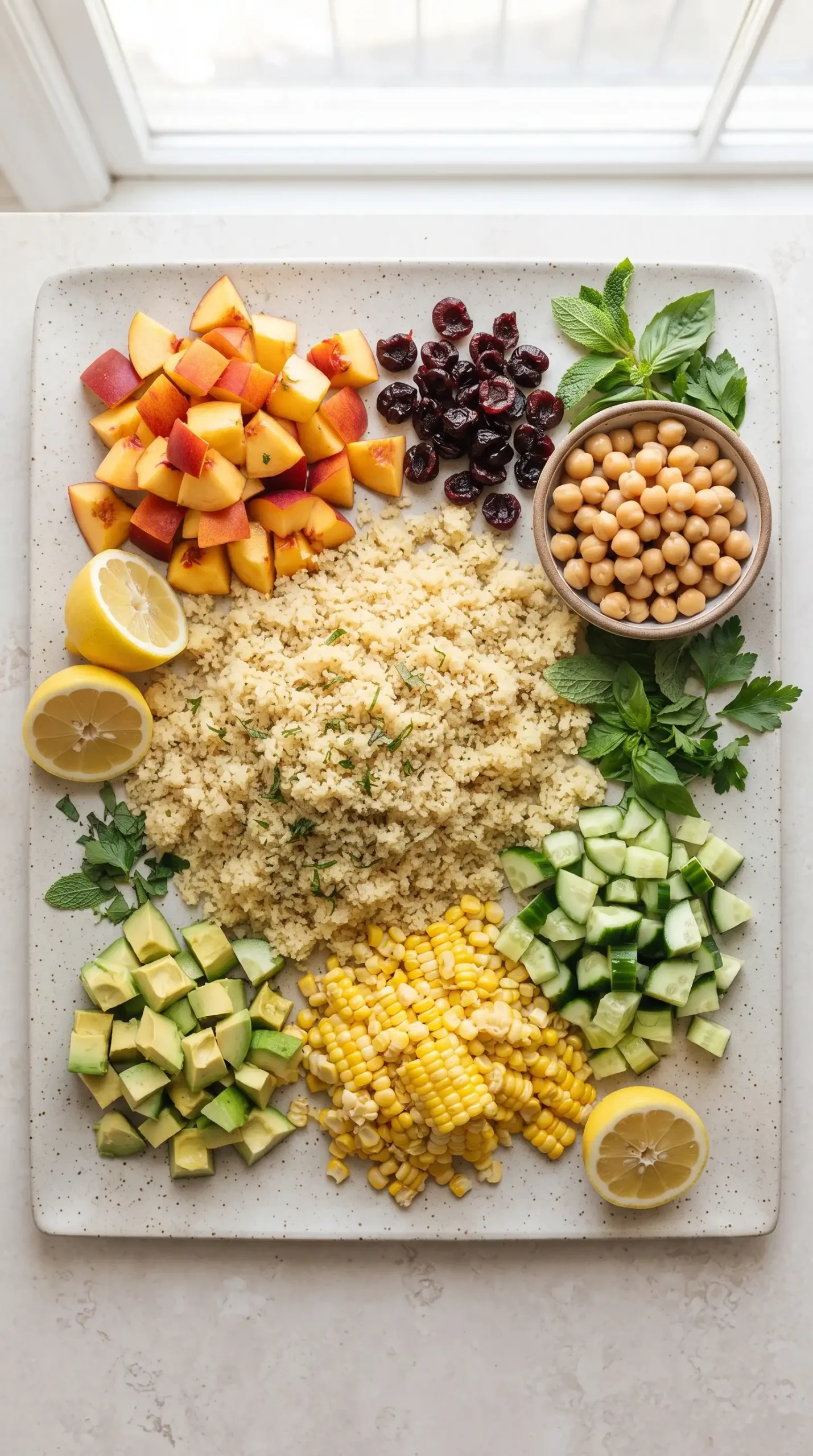 Fresh couscous salad ingredients including peaches, herbs, chickpeas, cucumber, corn, and avocado