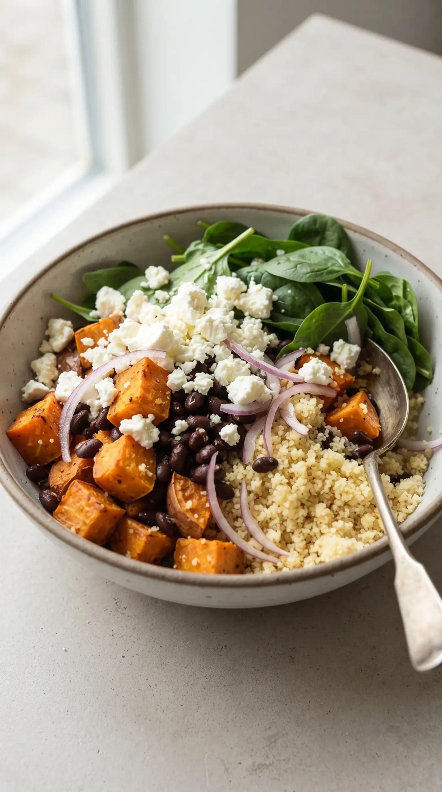 Couscous salad ingredients with roasted sweet potatoes, black beans, spinach, and feta