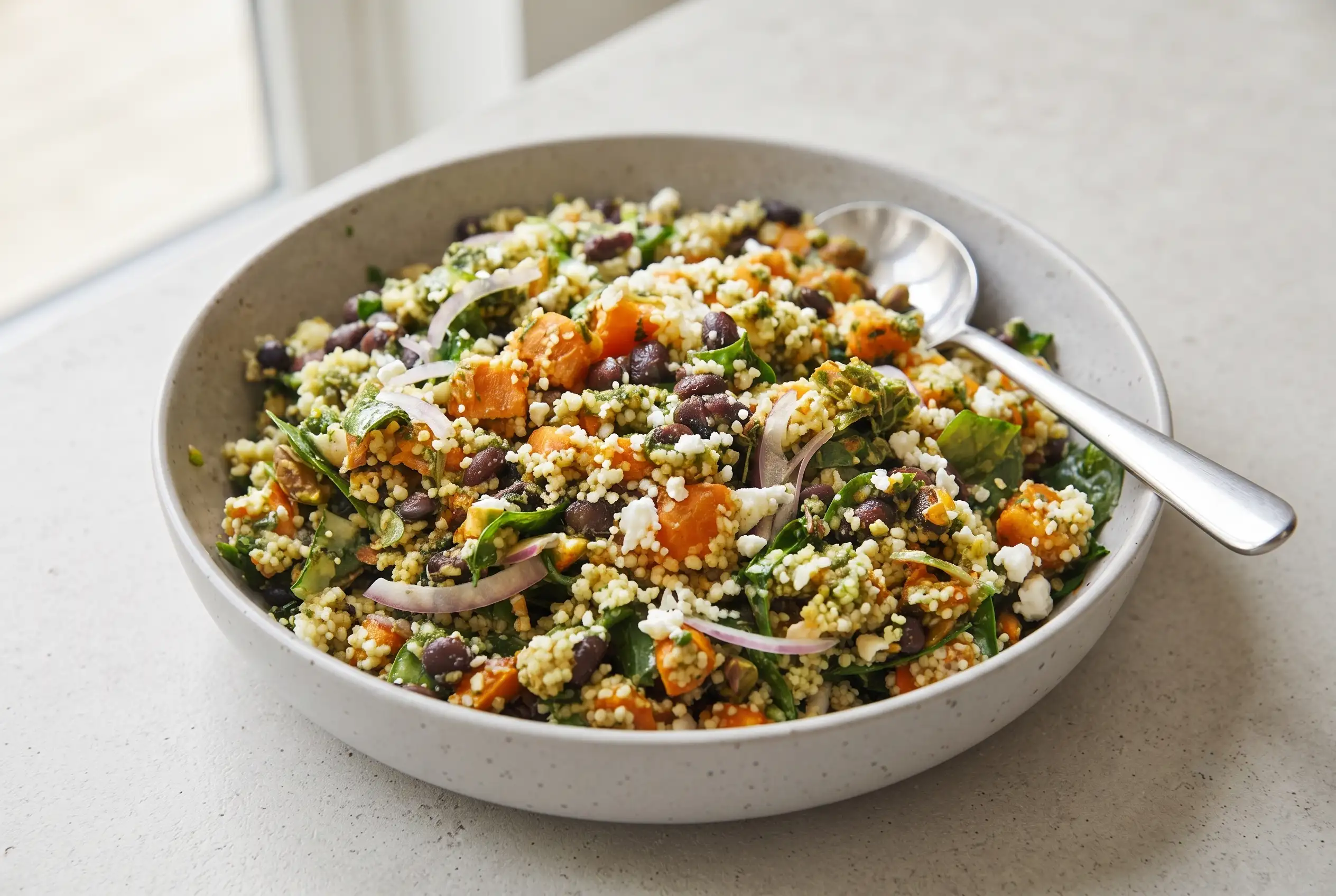 Couscous salad with sweet potatoes, black beans, spinach, feta, and lime basil vinaigrette