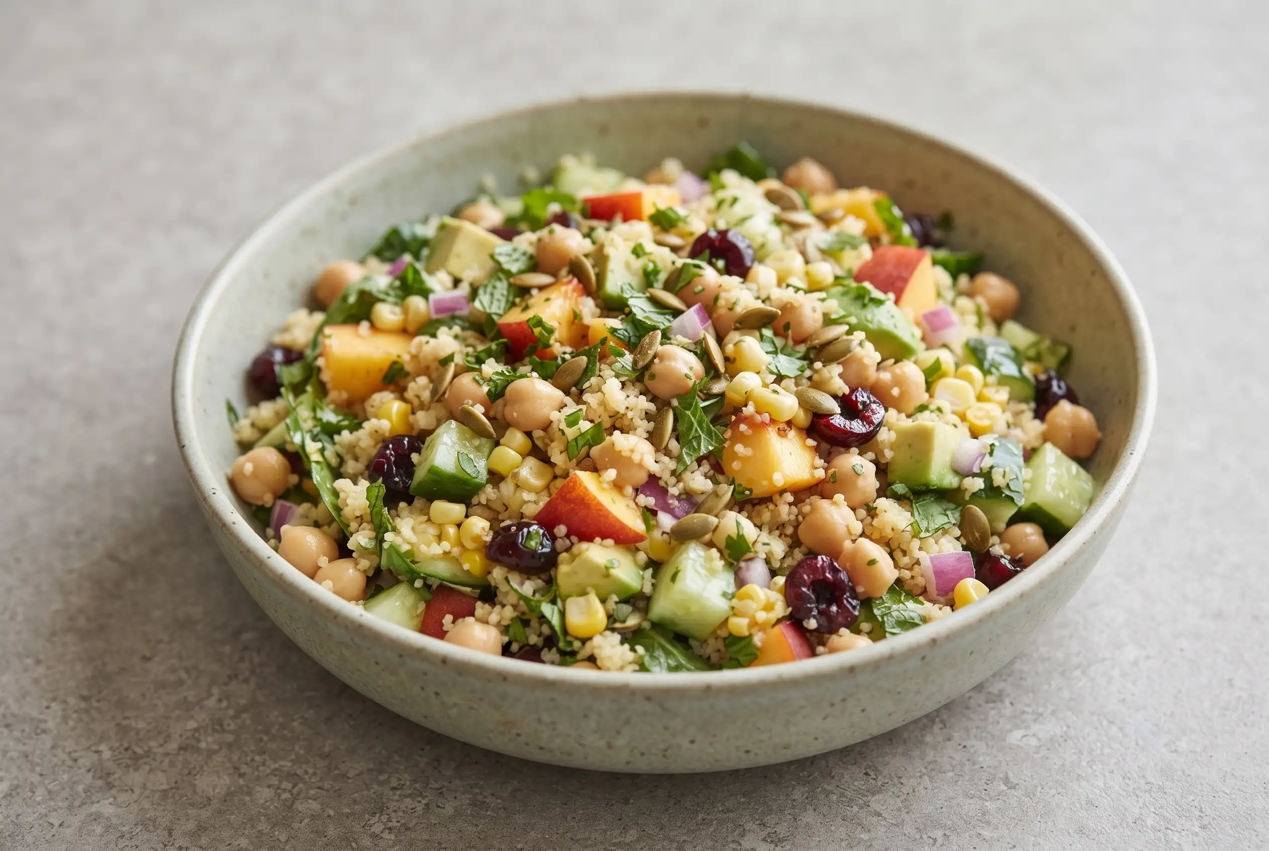 Couscous salad with chickpeas, peaches, avocado, herbs, vegetables, and crunchy seeds in a bowl