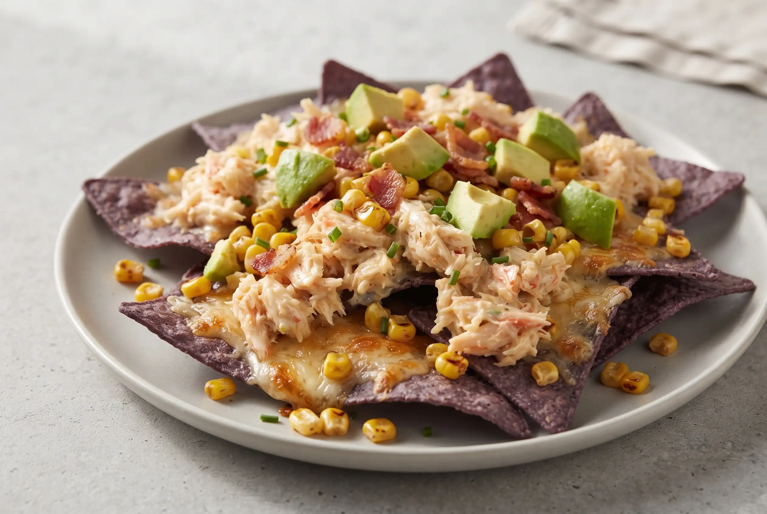 Crab avocado nachos with jumbo lump crab, roasted corn, avocado, cheese, and tortilla chips