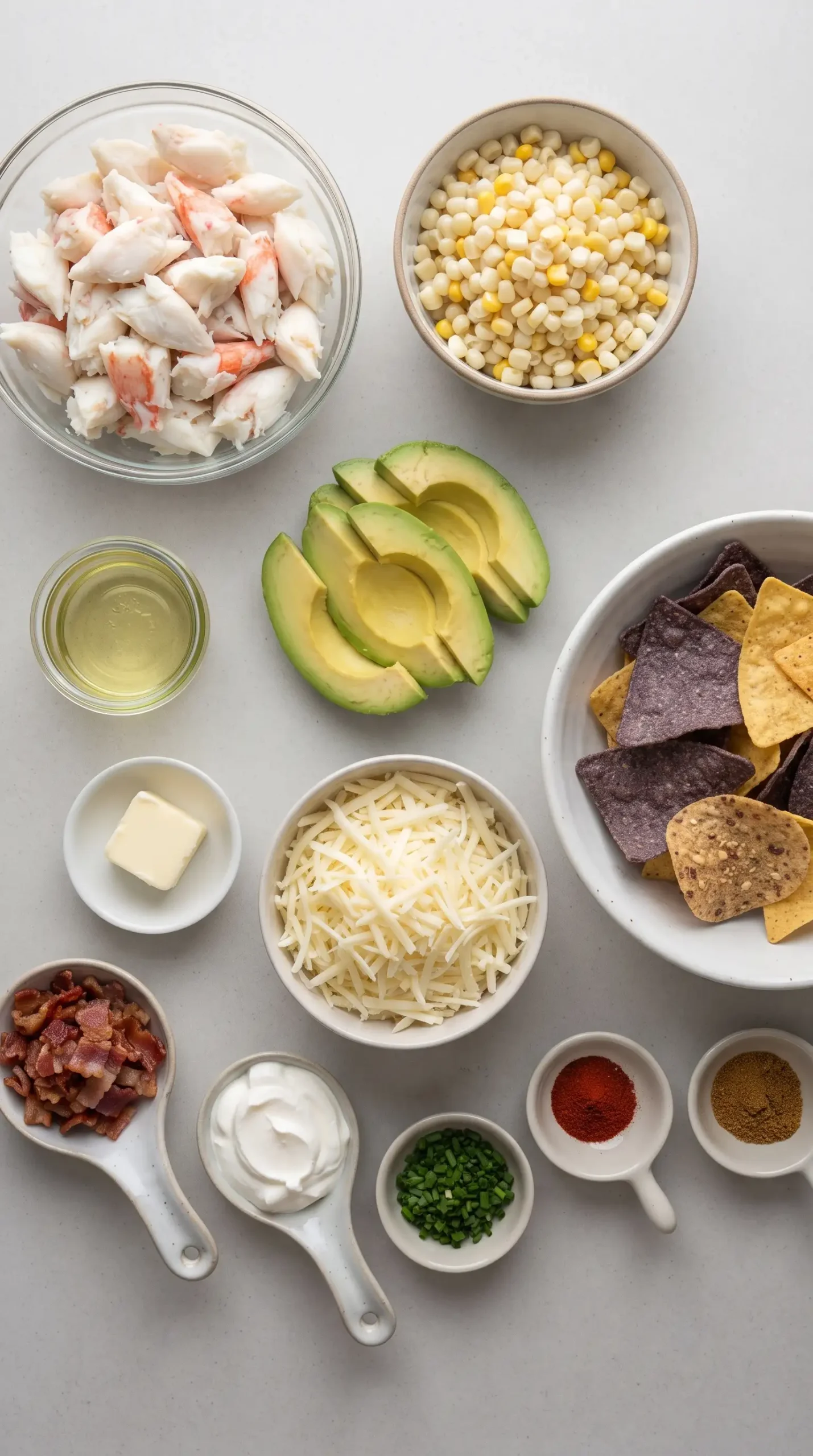 Ingredients for crab avocado nachos with crab, corn, avocado, cheese, chips, and seasonings