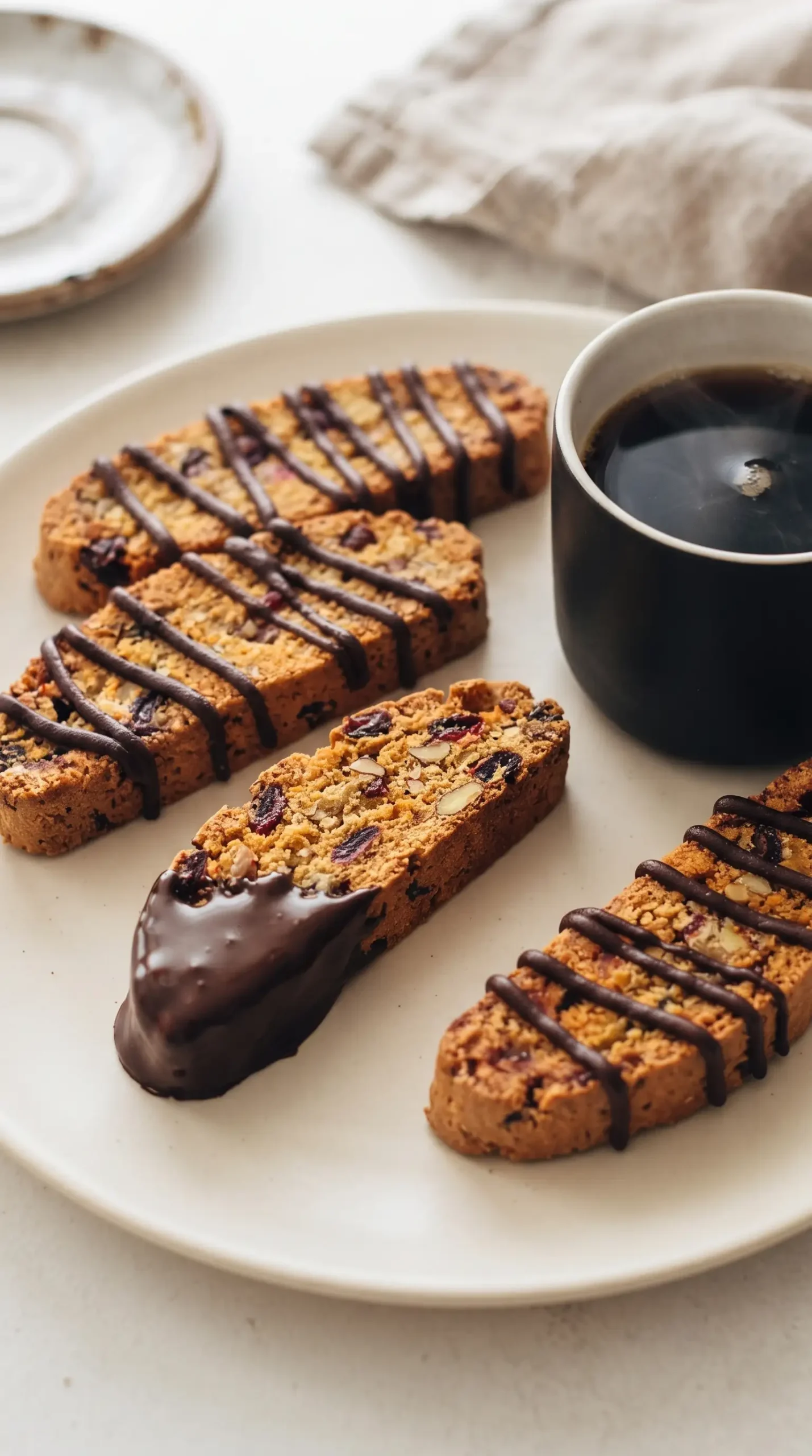Cranberry dark chocolate biscotti slices served with coffee showing crisp texture and chocolate drizzle