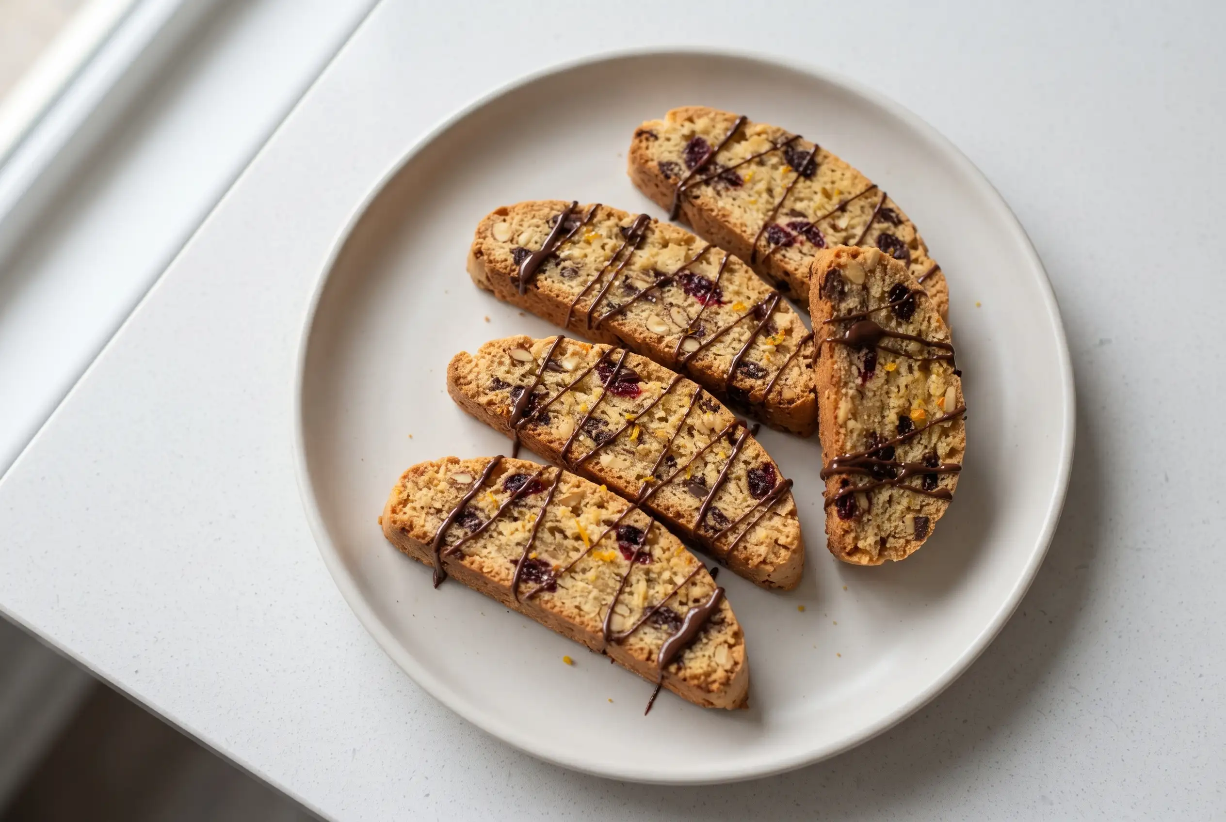 Cranberry Dark Chocolate Biscotti Cranberry dark chocolate biscotti slices with orange tones, nuts, cranberries, and chocolate drizzle on a plate