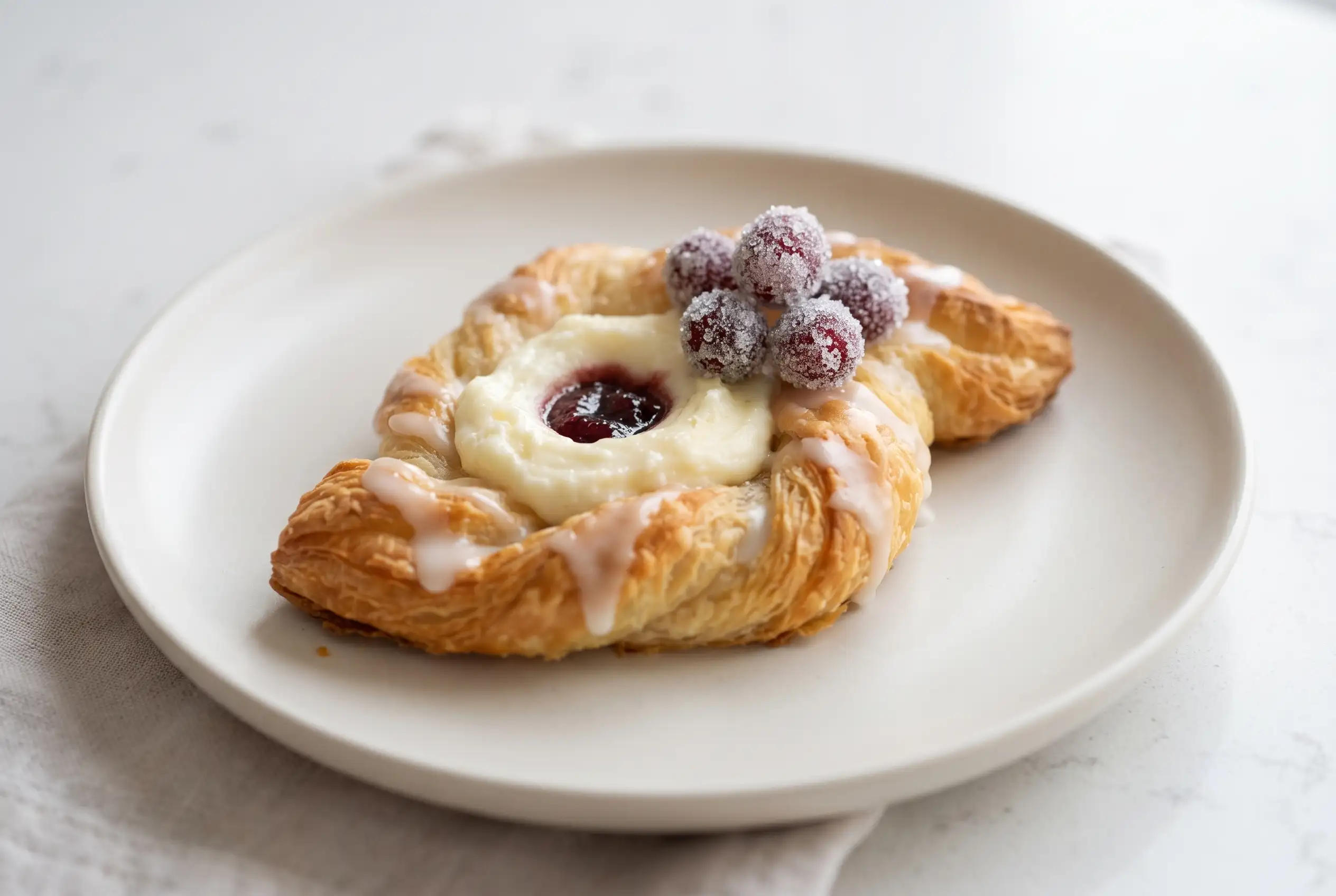 Cream Cheese Danish with Sugared Cranberries Cream cheese danish with sugared cranberries, vanilla glaze, and flaky pastry layers on a plate