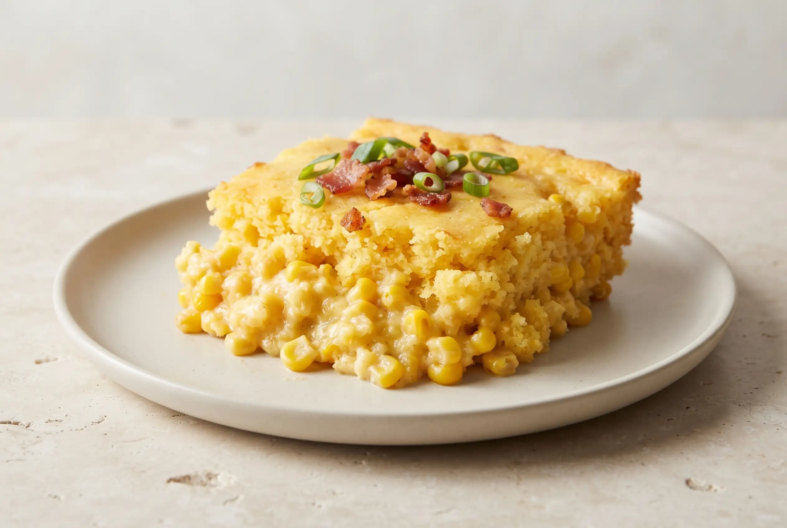Creamy baked corn casserole with Jiffy corn bread mix, golden top, corn kernels, bacon, and scallions