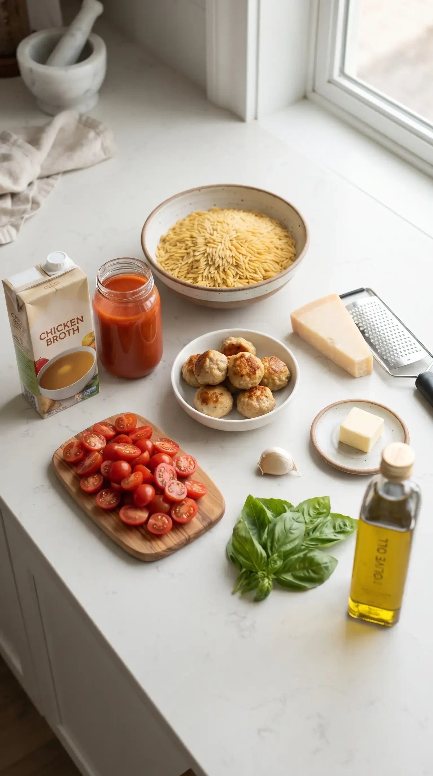 Ingredients for creamy baked orzo with orzo, meatballs, tomatoes, broth, and Parmesan