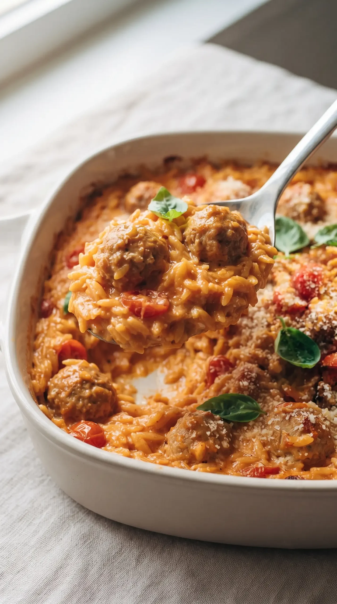 Spoonful of creamy baked orzo with chicken meatballs and softened cherry tomatoes