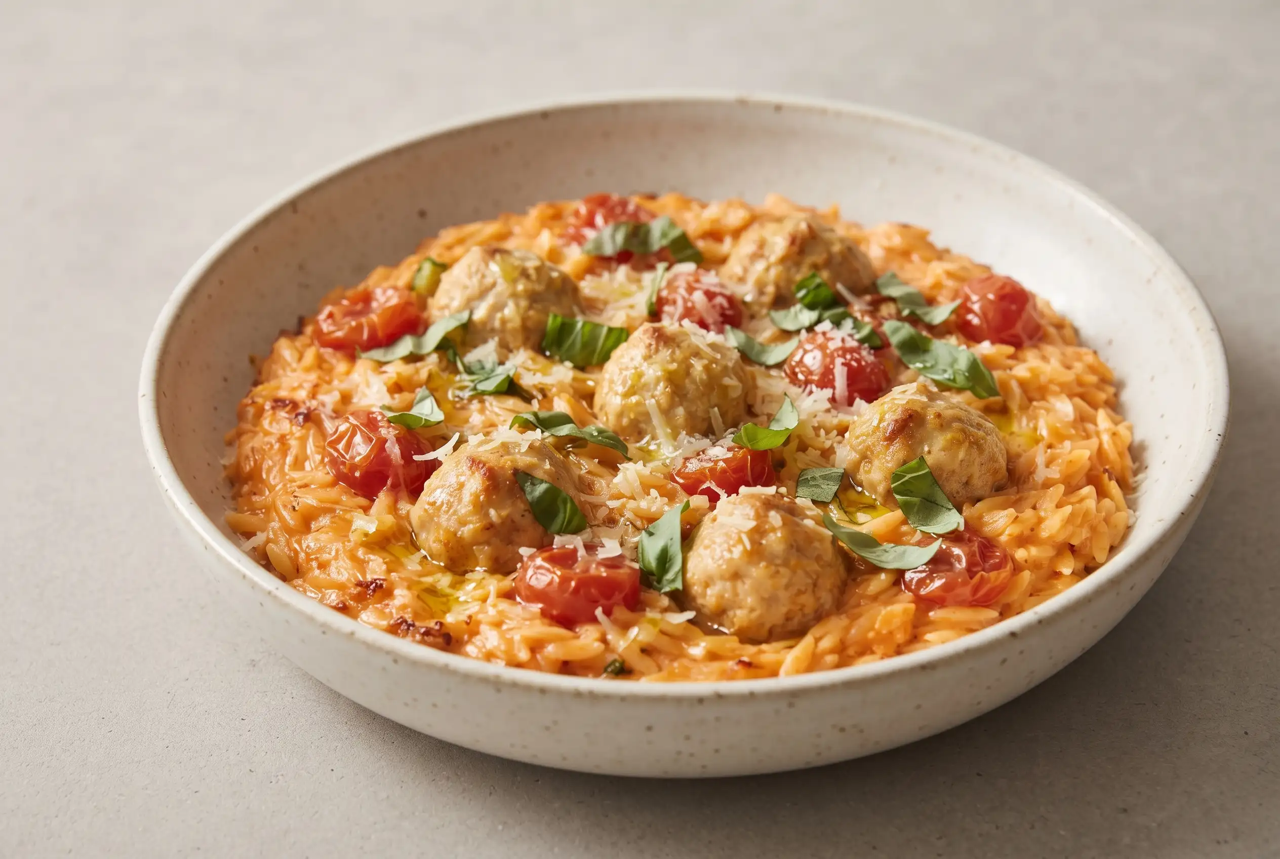 Creamy Baked Orzo with Meatballs Creamy baked orzo with chicken meatballs, cherry tomatoes, Parmesan, and basil in a bowl