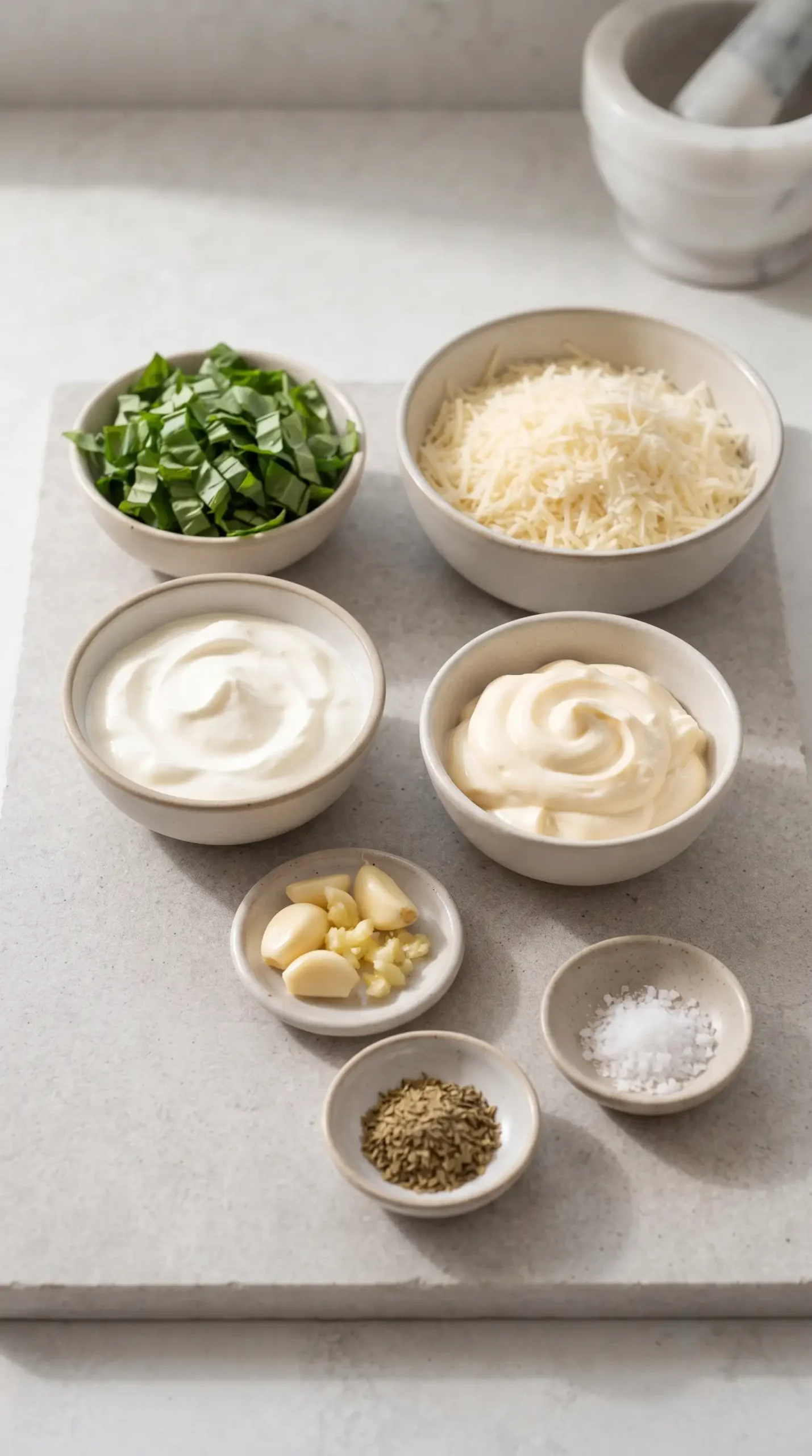 Fresh basil, Parmesan, sour cream, mayonnaise, garlic, oregano, and salt for creamy basil dip