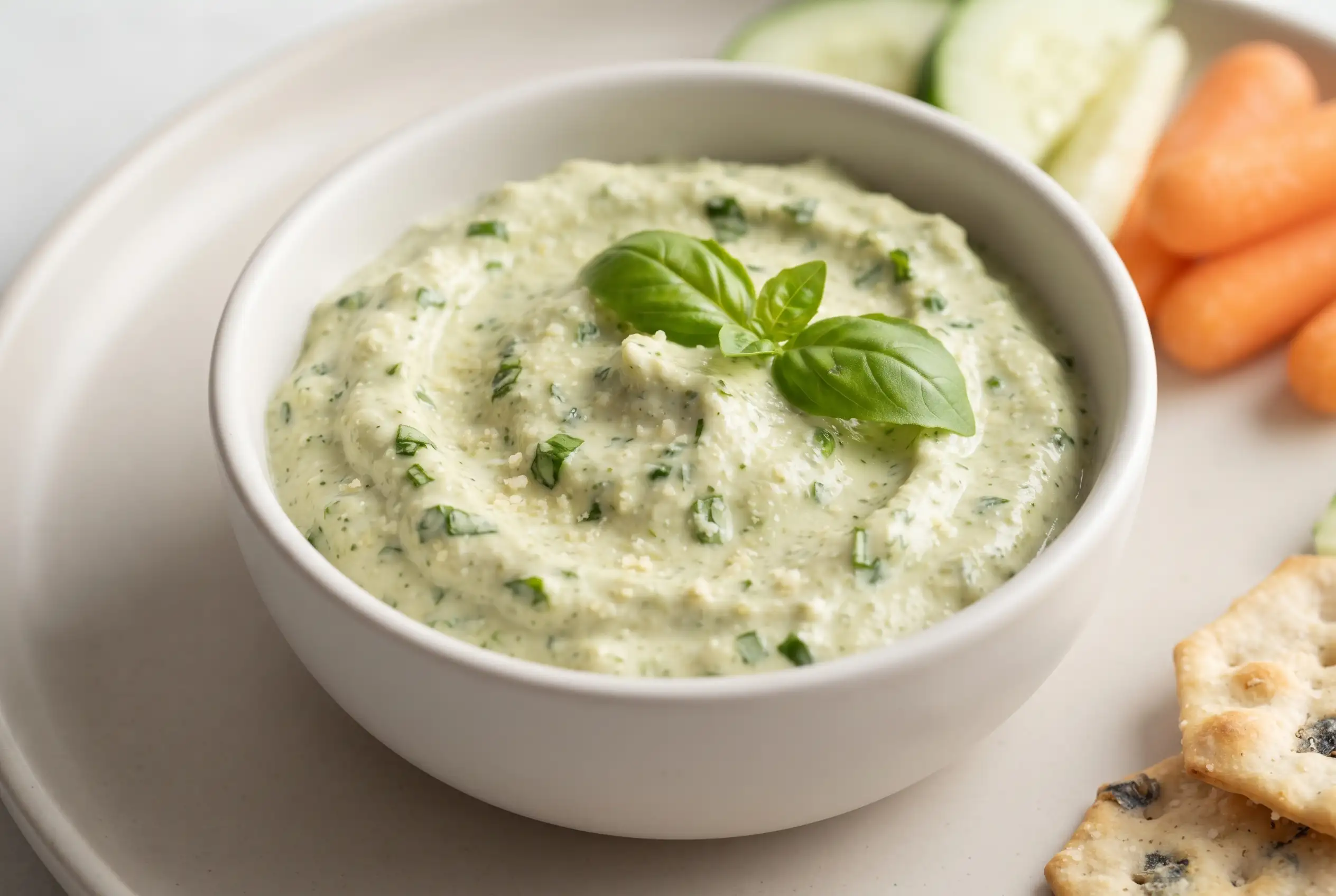 Creamy basil dip with Parmesan and fresh basil served in a bowl