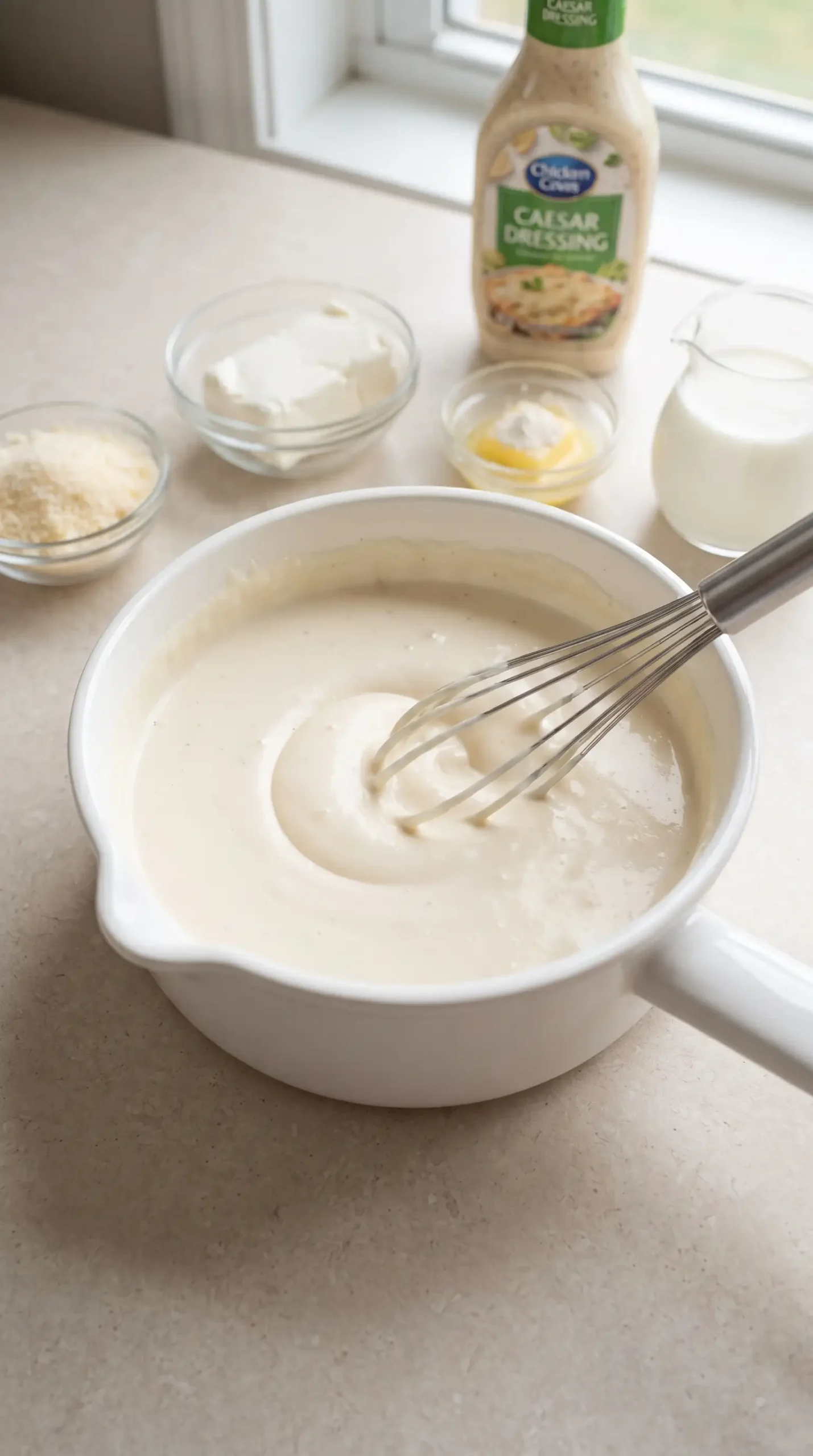 Creamy Caesar sauce for lasagna being whisked with Parmesan, cream cheese, milk, and dressing