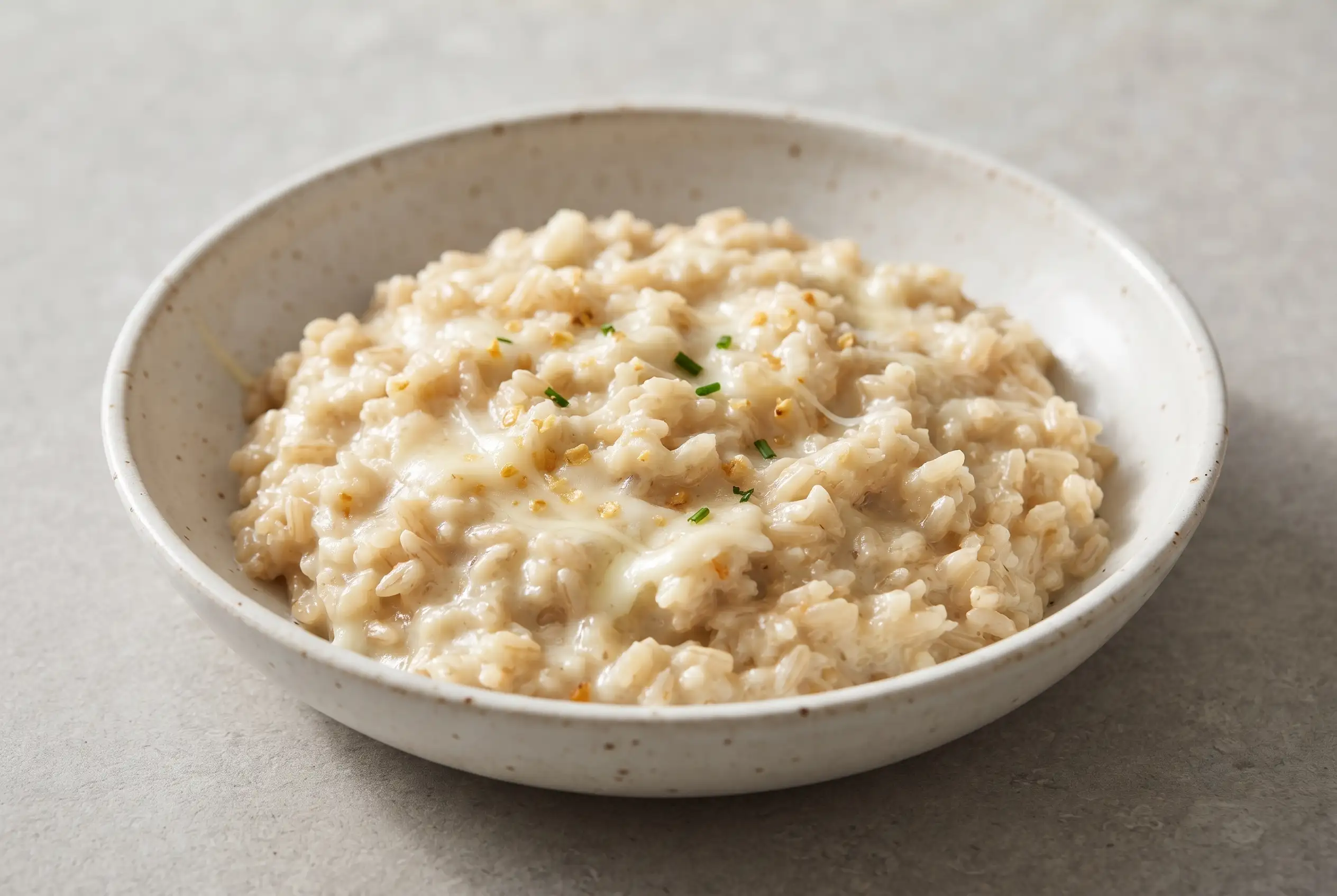 Creamy Cauliflower Garlic Rice Creamy cauliflower rice with brown rice, garlic, and melted mozzarella in a ceramic bowl