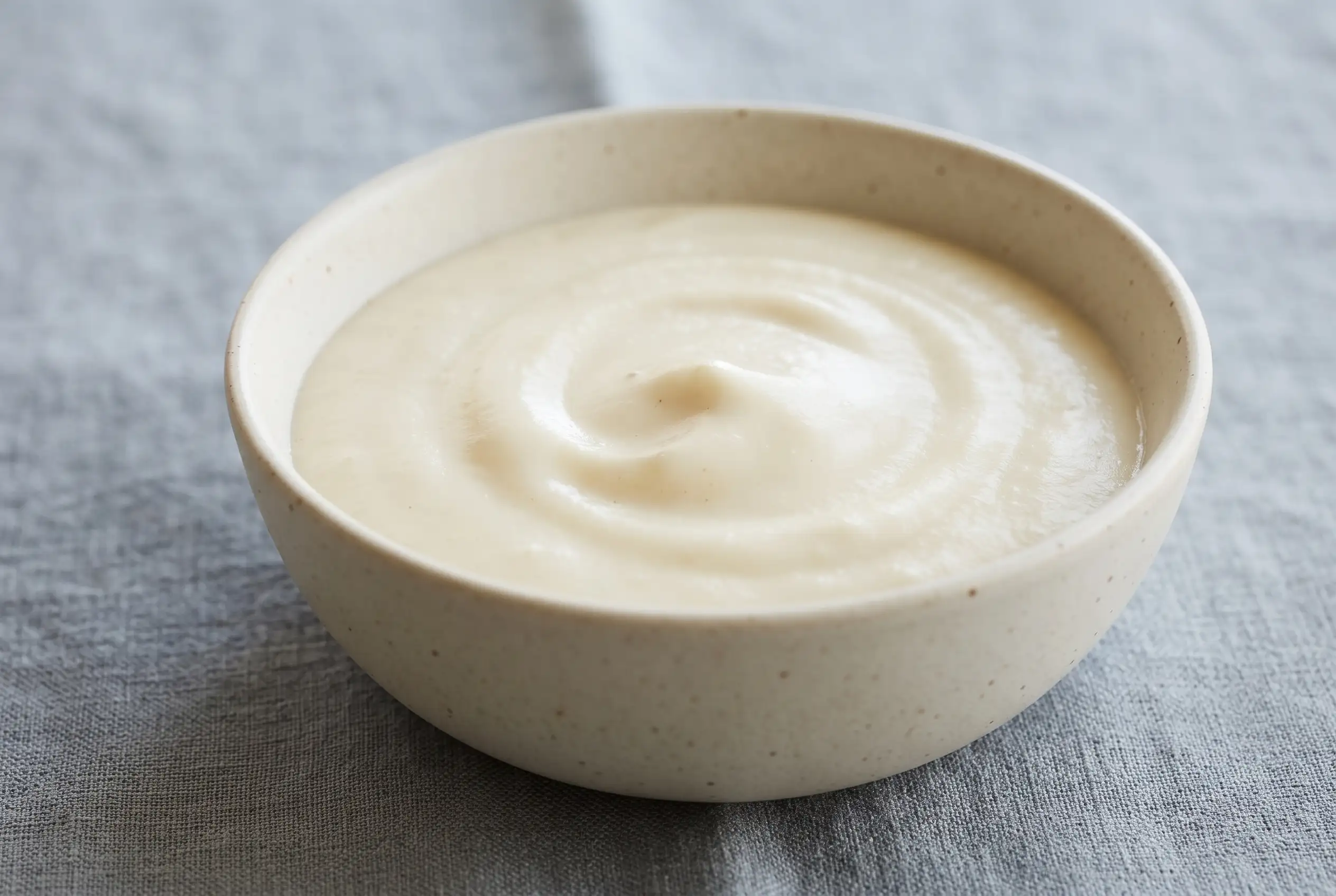 Creamy cauliflower sauce in a ceramic bowl with a smooth garlic butter and milk blended texture