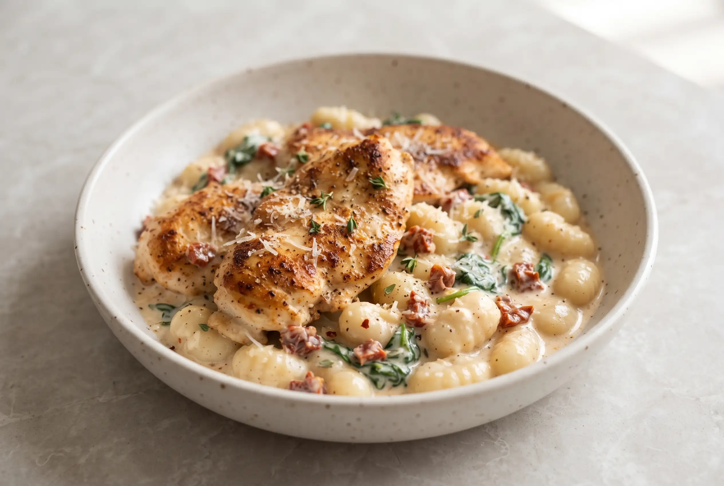 Creamy chicken gnocchi with spinach Creamy chicken gnocchi with golden chicken, spinach, sun-dried tomatoes, and Parmesan in a bowl