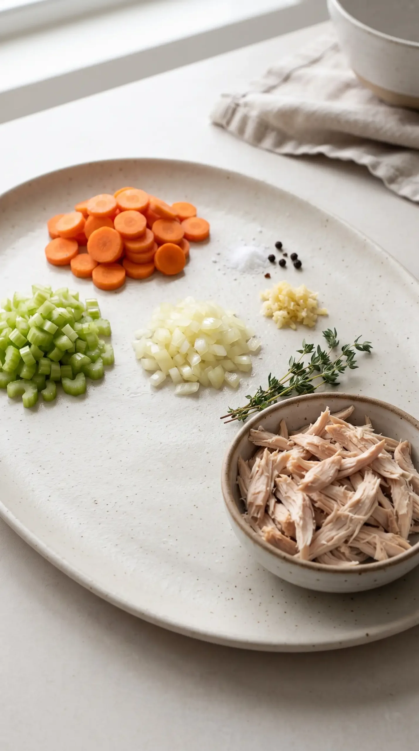 Carrots, celery, onion, garlic, thyme, and shredded chicken prepared for soup