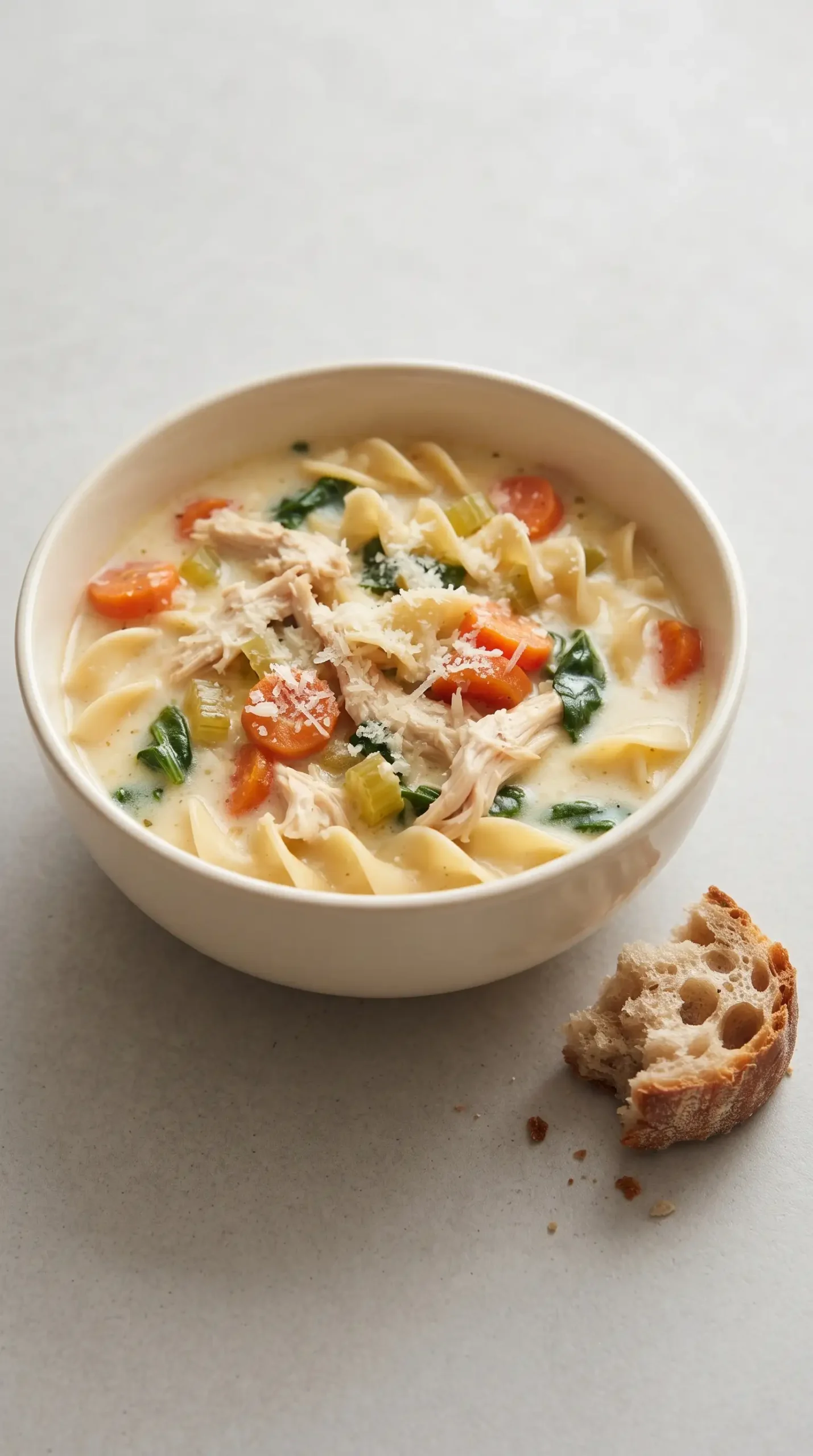 Finished creamy chicken noodle soup with noodles, chicken, spinach, and Parmesan