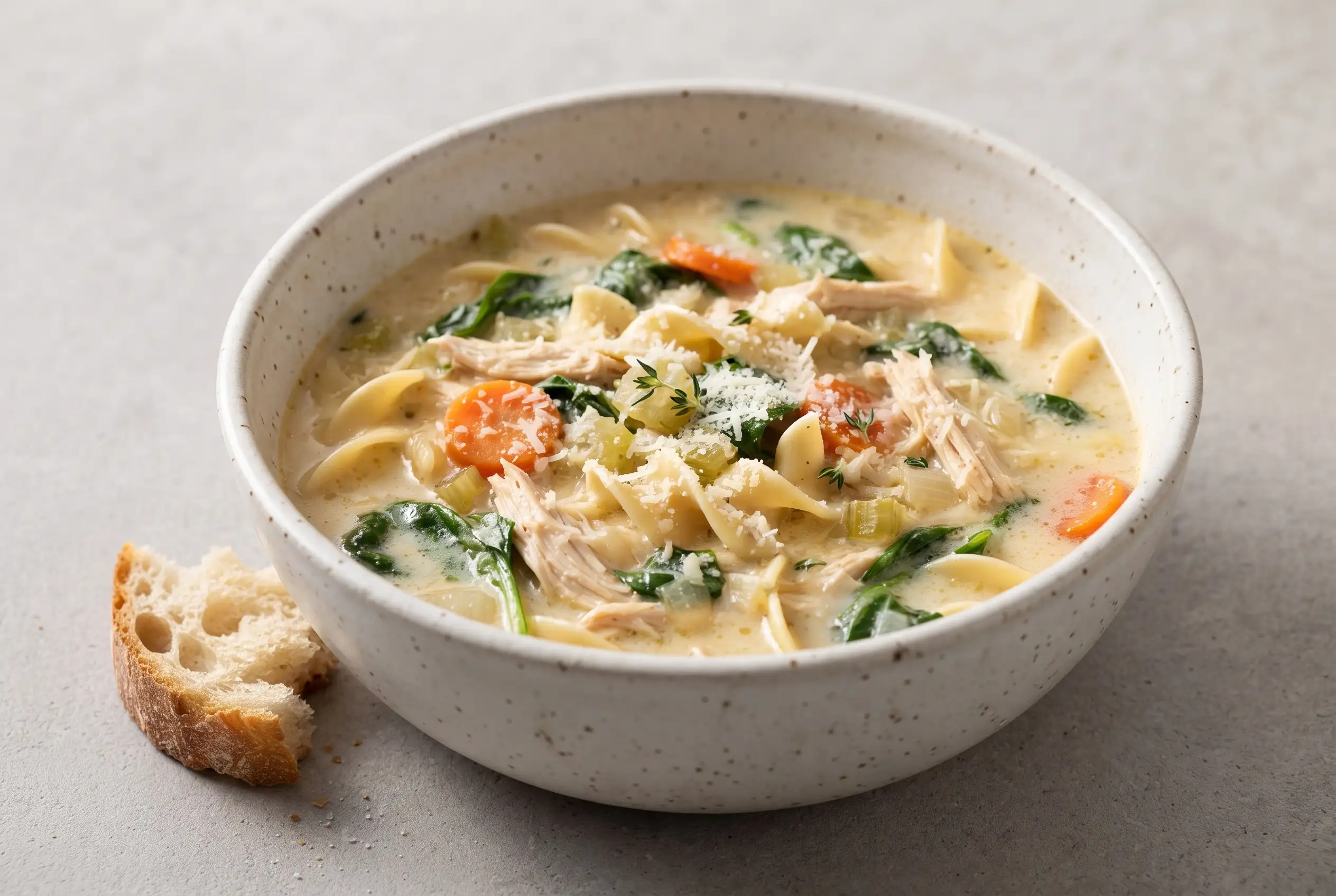 Creamy chicken noodle soup with noodles, shredded chicken, spinach, and vegetables in a bowl
