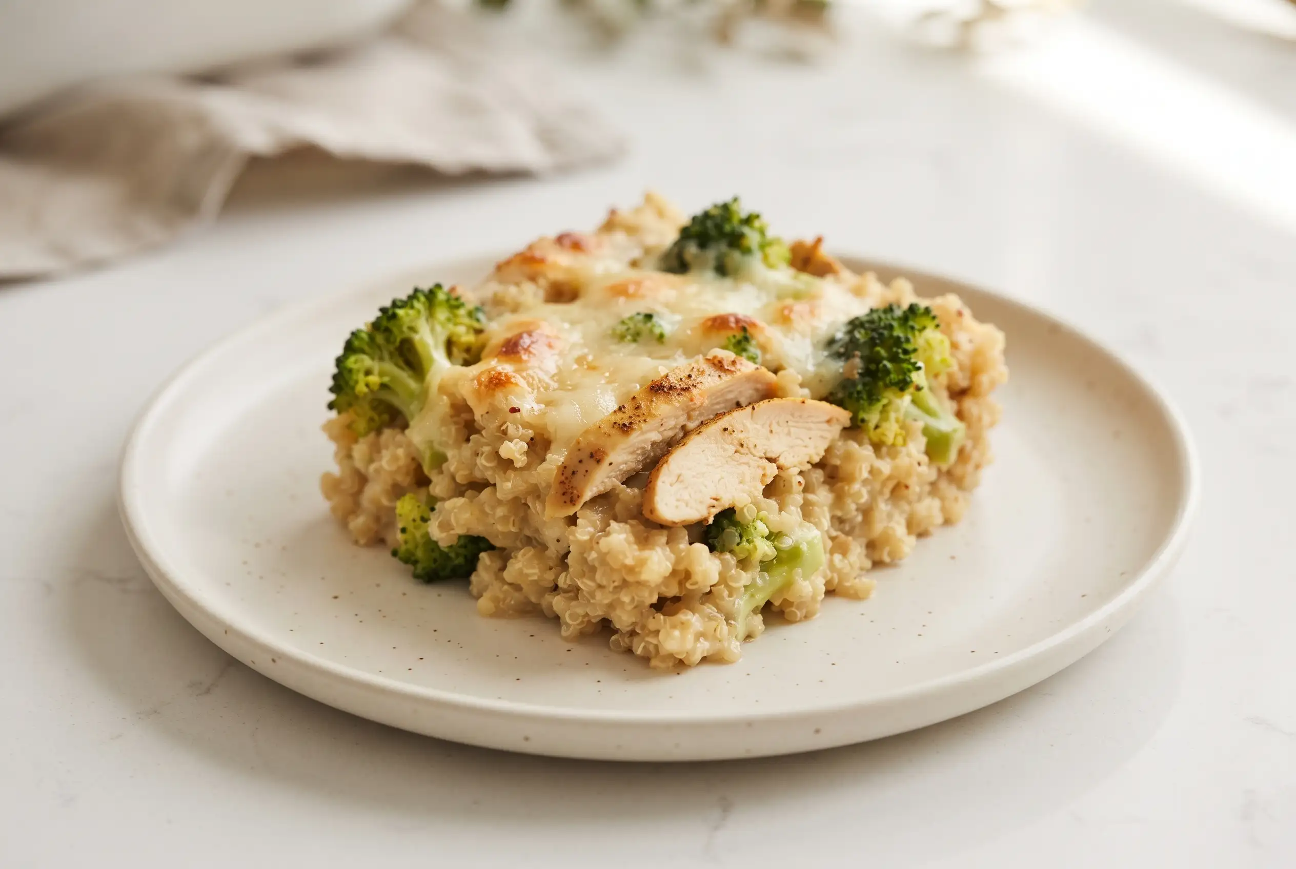 Serving of creamy chicken quinoa casserole with broccoli, chicken, quinoa, and melted Gruyere topping.