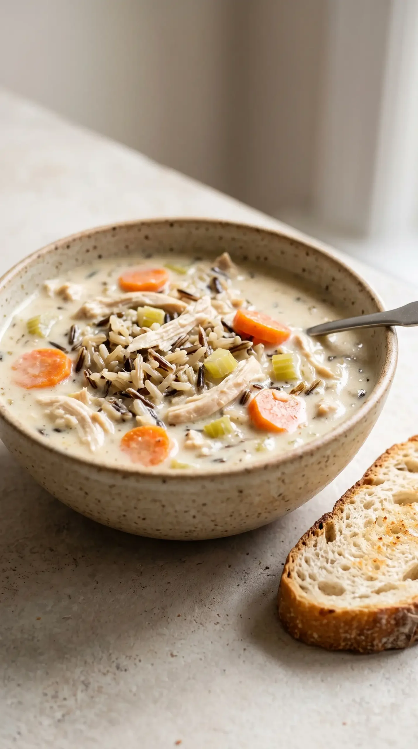 A professional close-up food photograph of a single bowl of creamy chicken wild rice soup ready to serve, featuring visible wild rice grains, shredded chicken, carrots, celery, and a smooth creamy broth. Place one piece of sliced bread beside the bowl for dunking, matching the recipe's serving style. Keep the composition centered on the soup as the primary subject with minimal props on a simple neutral surface, natural lighting, realistic textures, and no steam, excessive garnish, or additional servings.