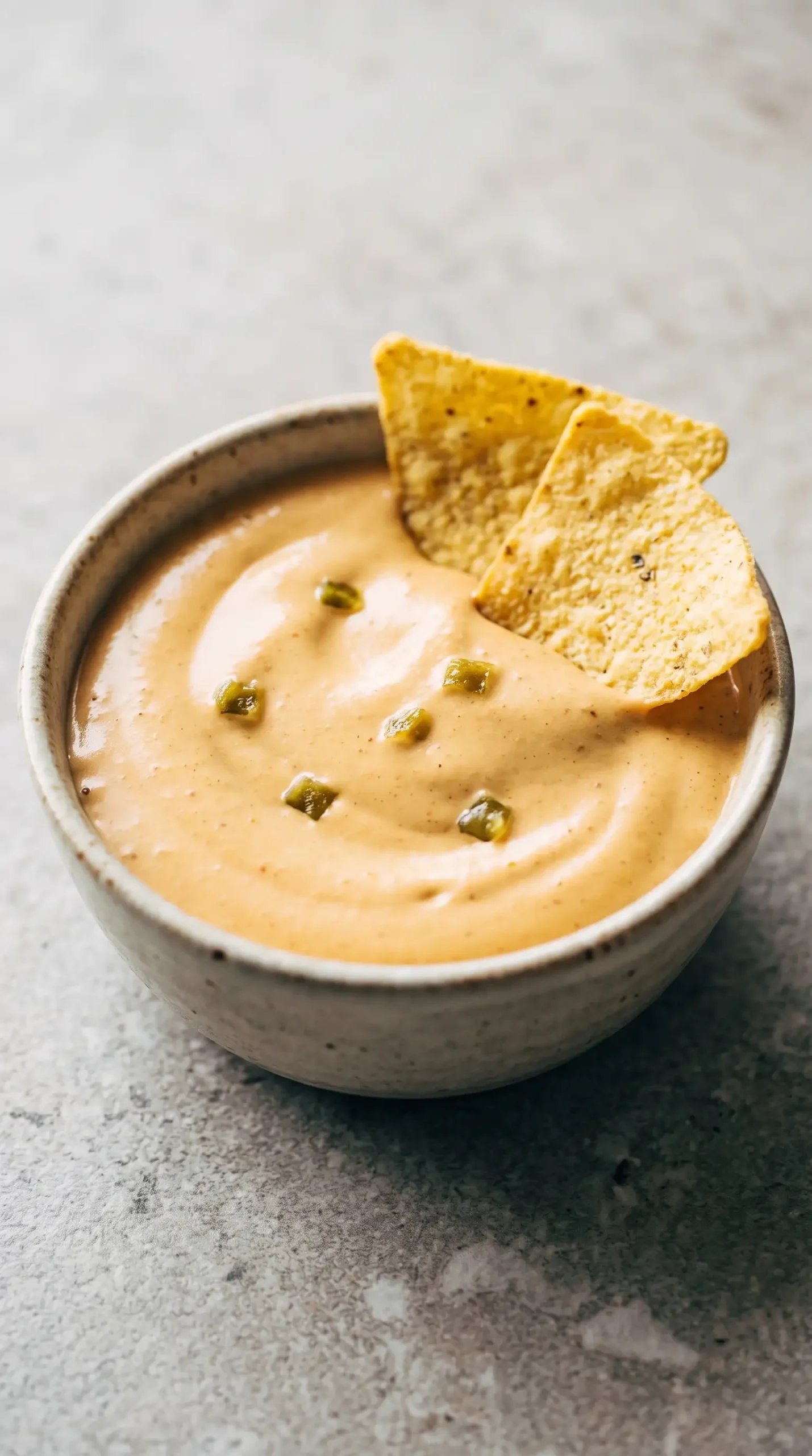 Creamy chipotle cashew queso dip with green chiles and tortilla chips
