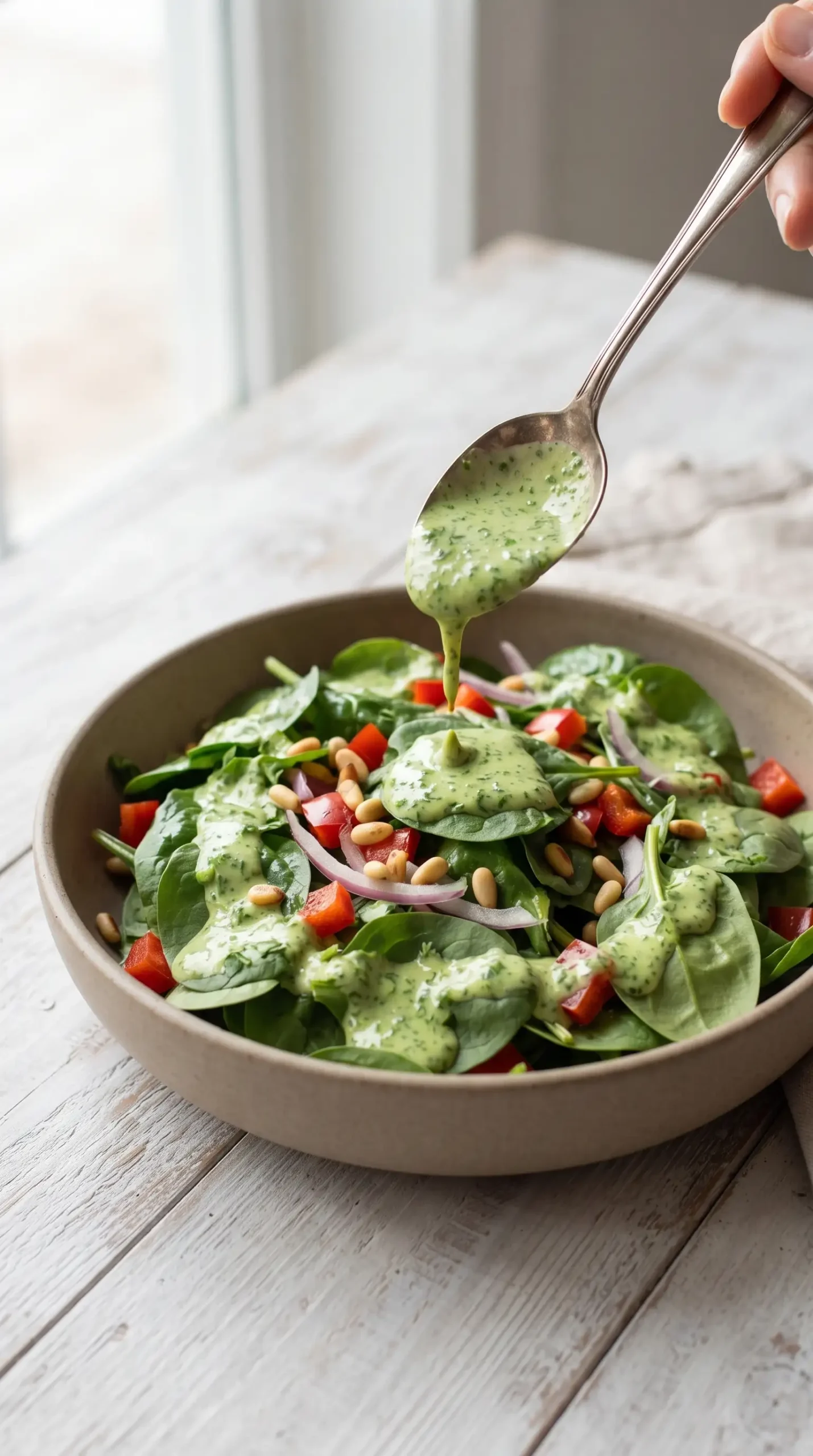 Creamy cilantro dressing drizzled over a fresh salad in a bowl