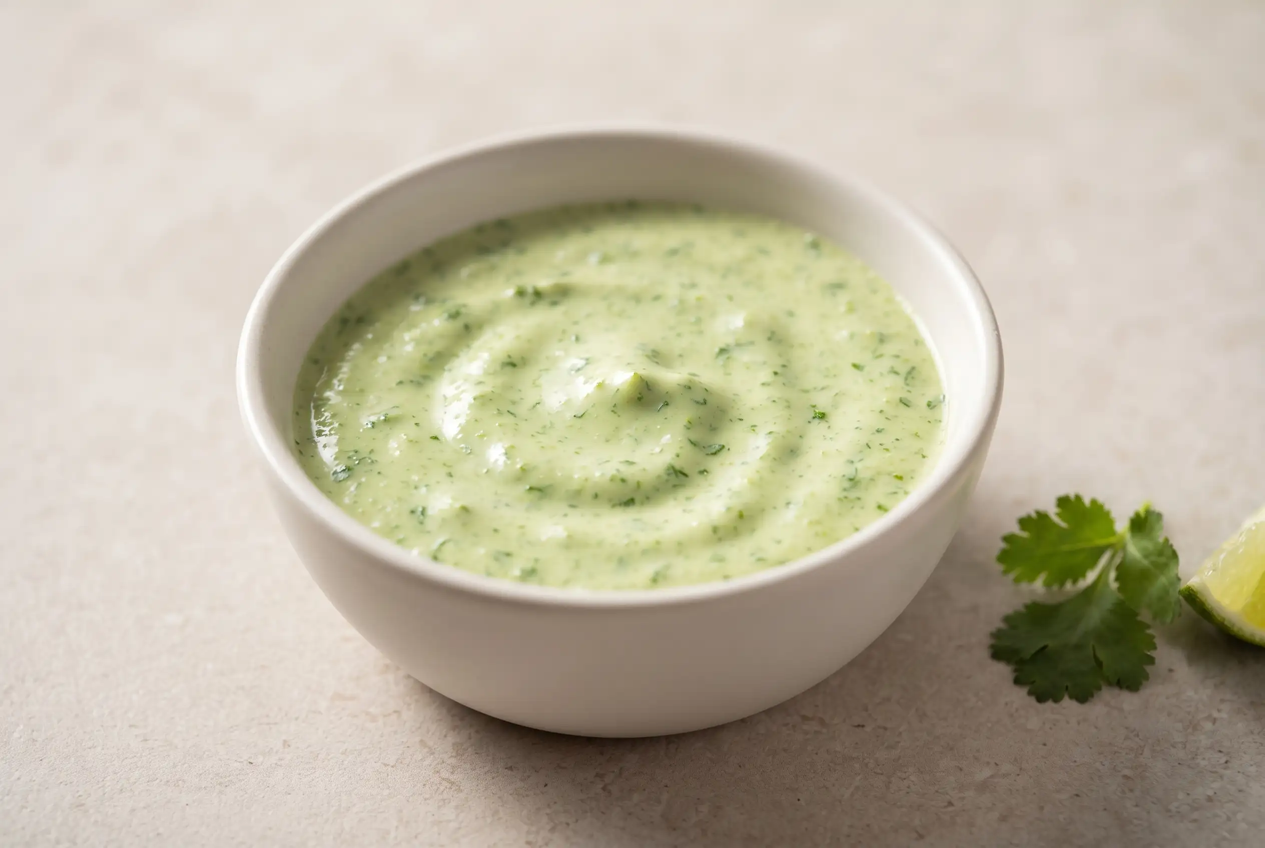 Creamy cilantro dressing in a bowl with a smooth pale green yogurt-based texture