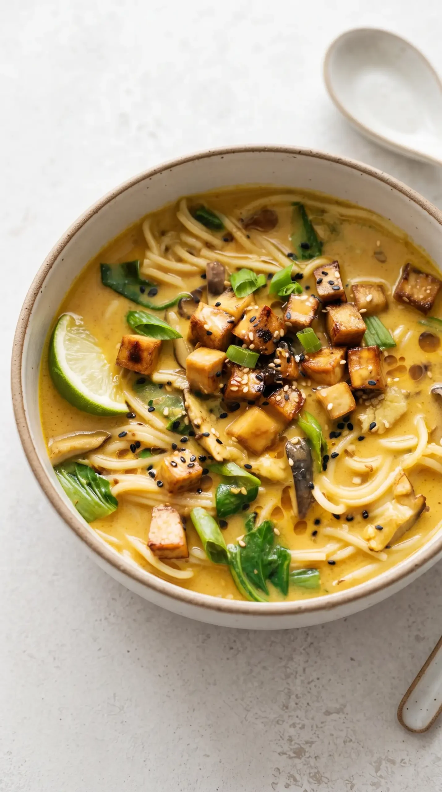 Coconut curry ramen bowl with noodles, tofu, bok choy, mushrooms, and creamy broth