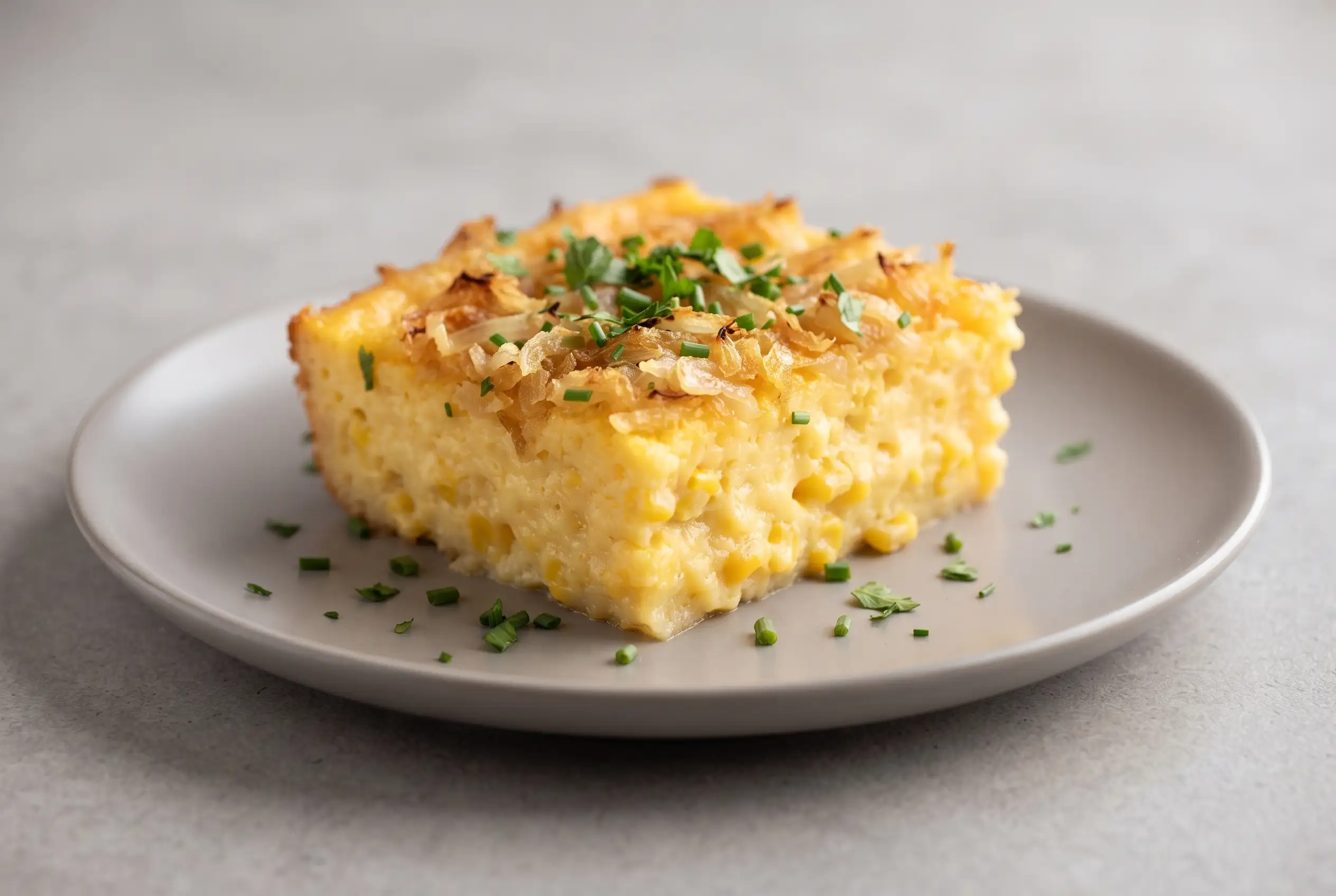 Creamy corn pudding slice with crispy onions and fresh herbs on a ceramic plate