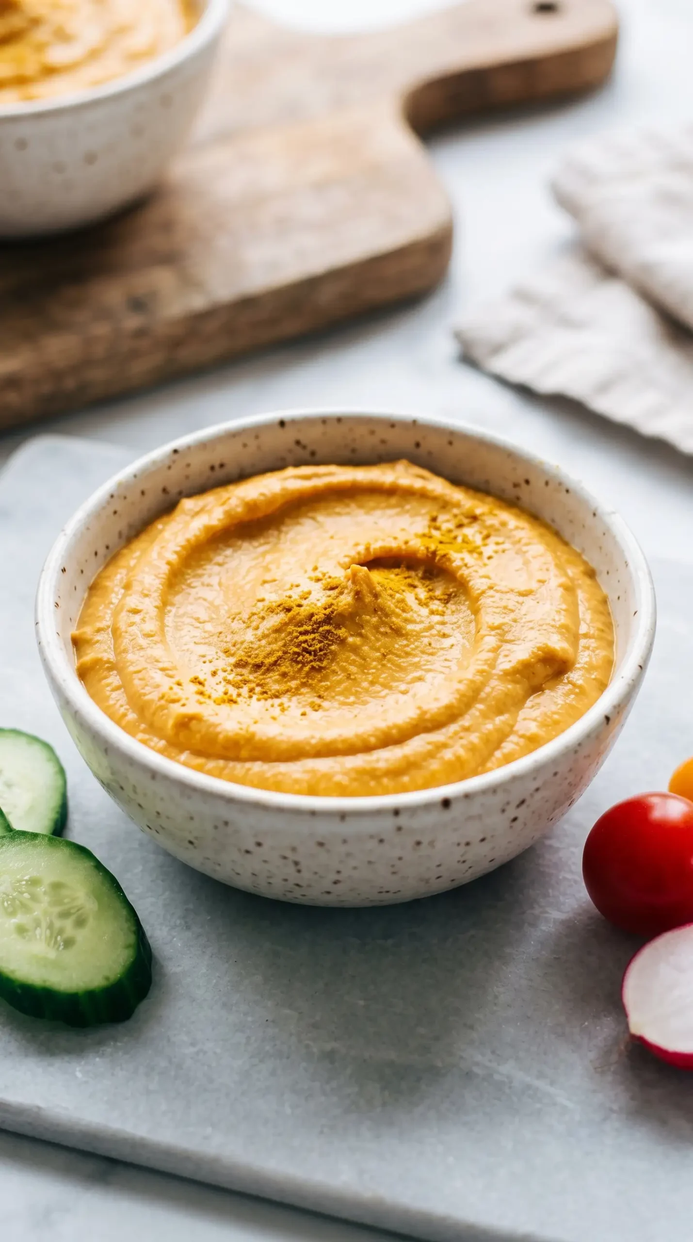 Curry hummus showing a creamy orange-gold chickpea dip with curry seasoning