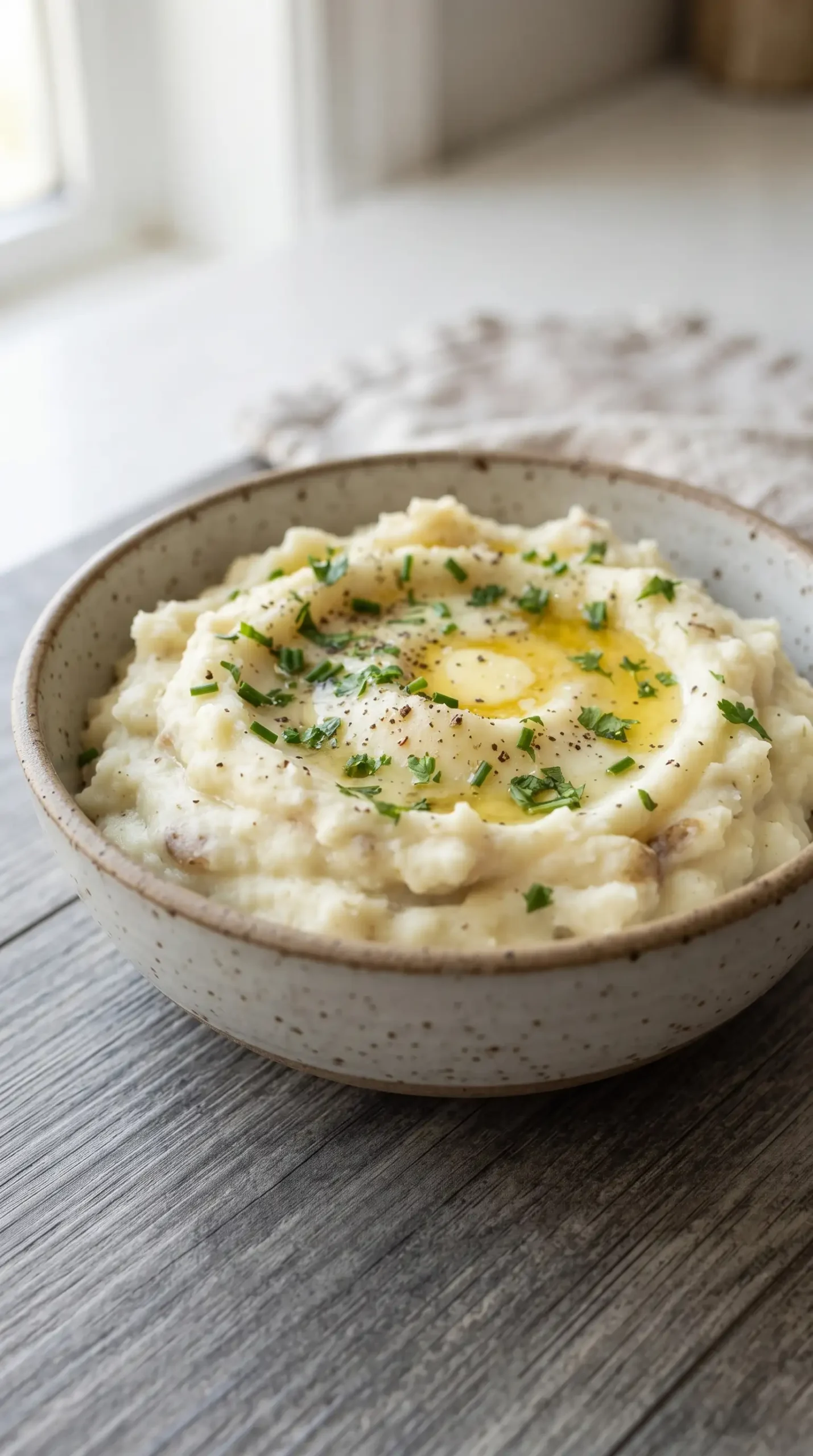 Serving bowl of creamy garlic mashed potatoes topped with butter and herbs