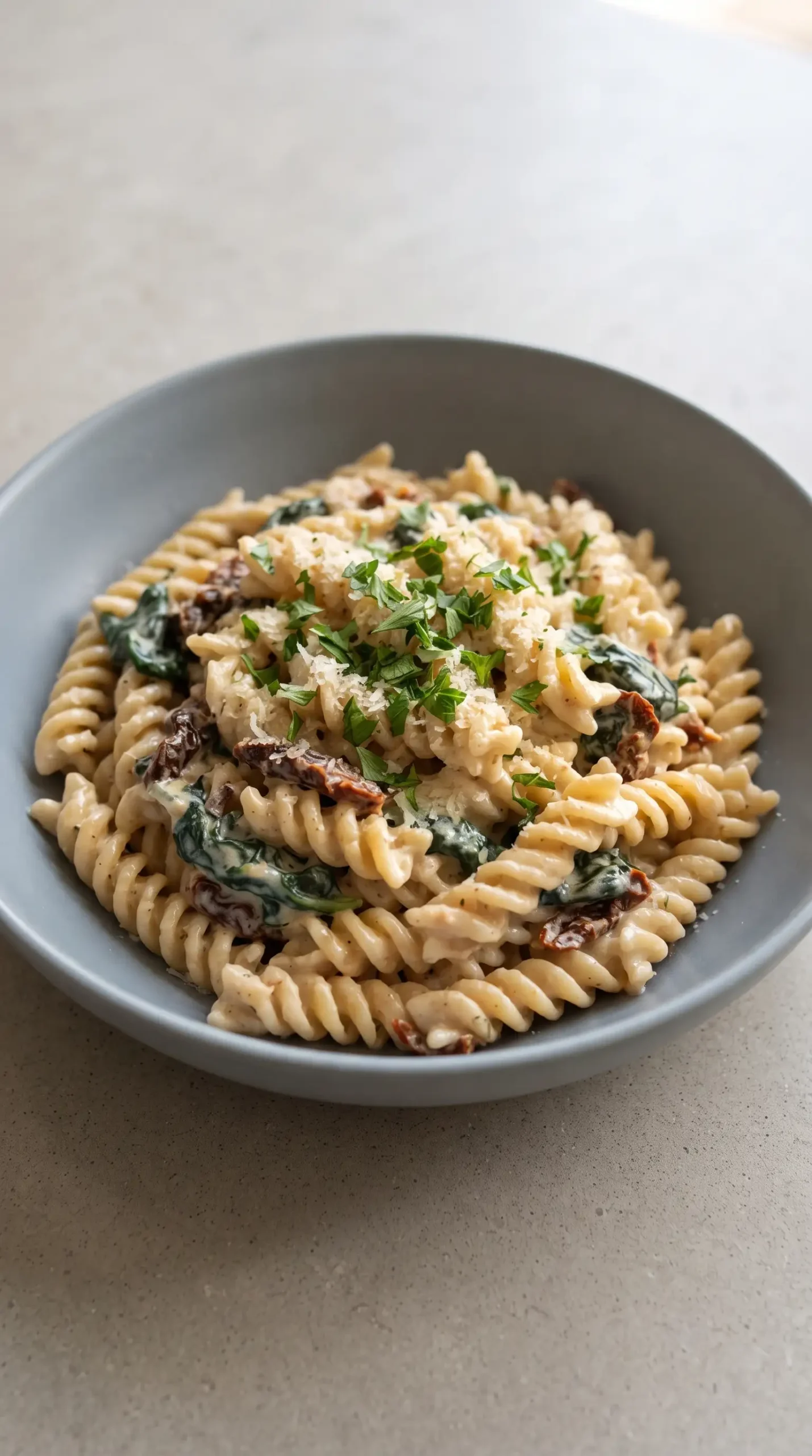 Finished creamy garlic pasta with sun-dried tomatoes, spinach, Parmesan, and herbs in a bowl