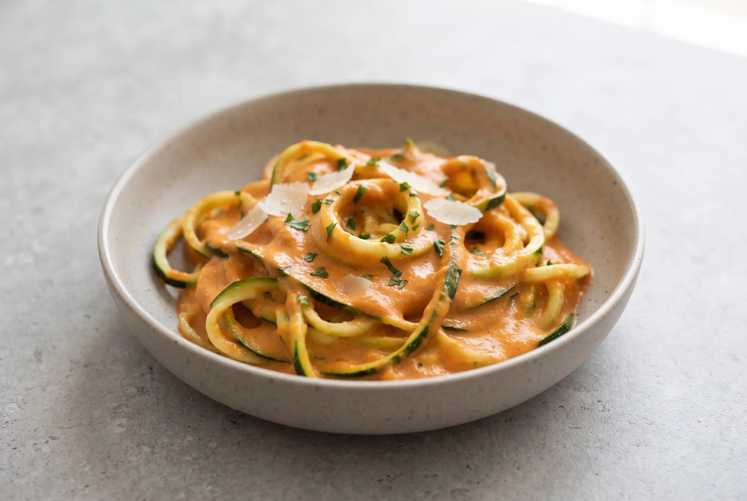 Creamy roasted red pepper pasta with zucchini noodles in a smooth tahini sauce