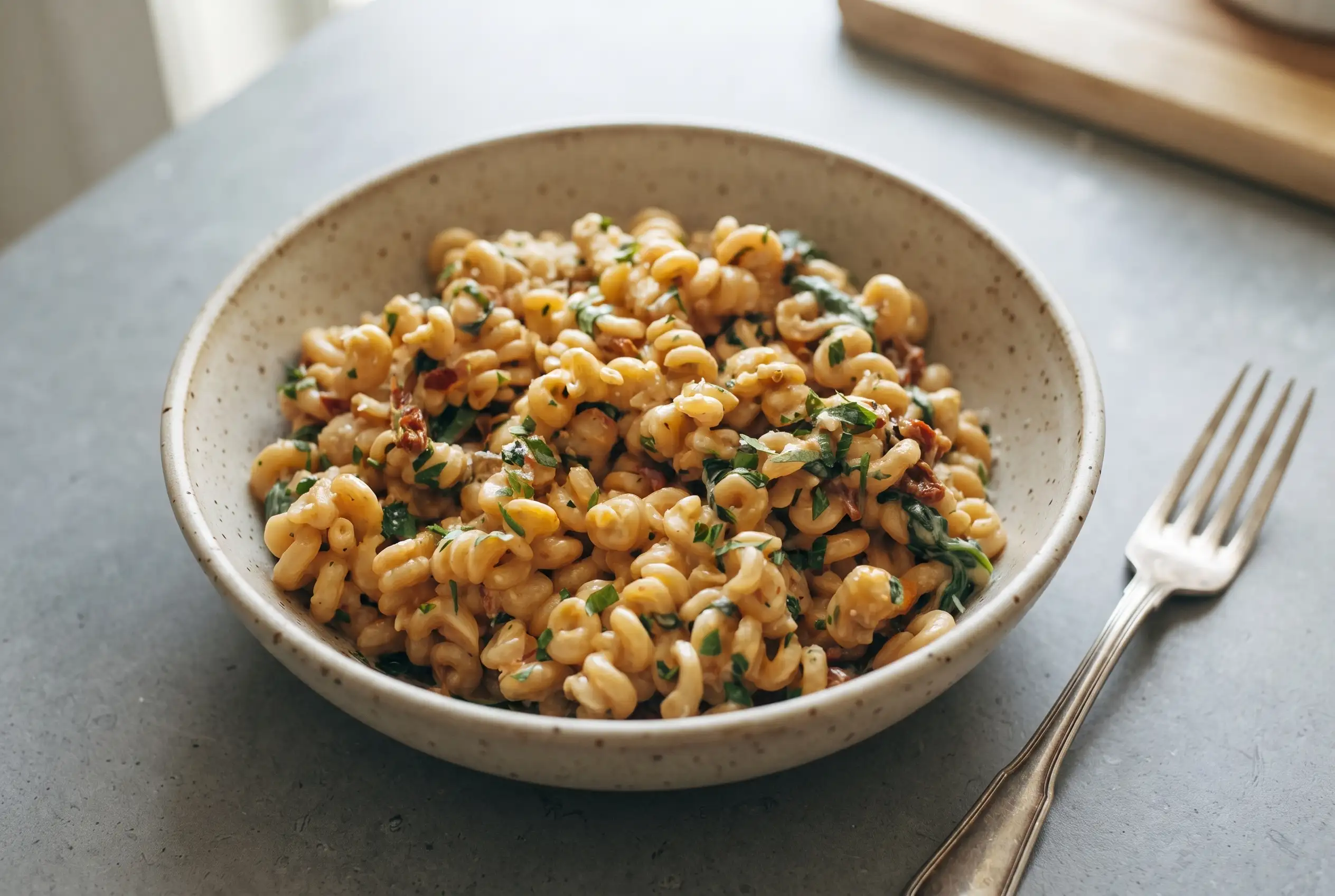 Creamy Garlic Pasta with Spinach Creamy garlic pasta with sun-dried tomatoes and spinach in a bowl with spirali pasta and Parmesan