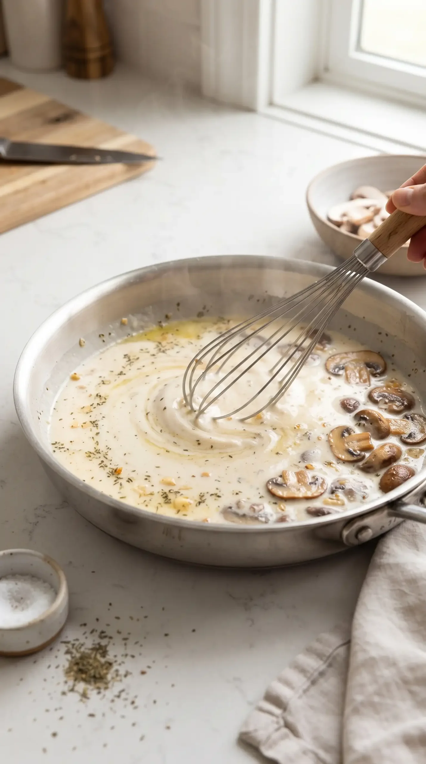 Creamy herb sauce with garlic and butter being whisked in a skillet