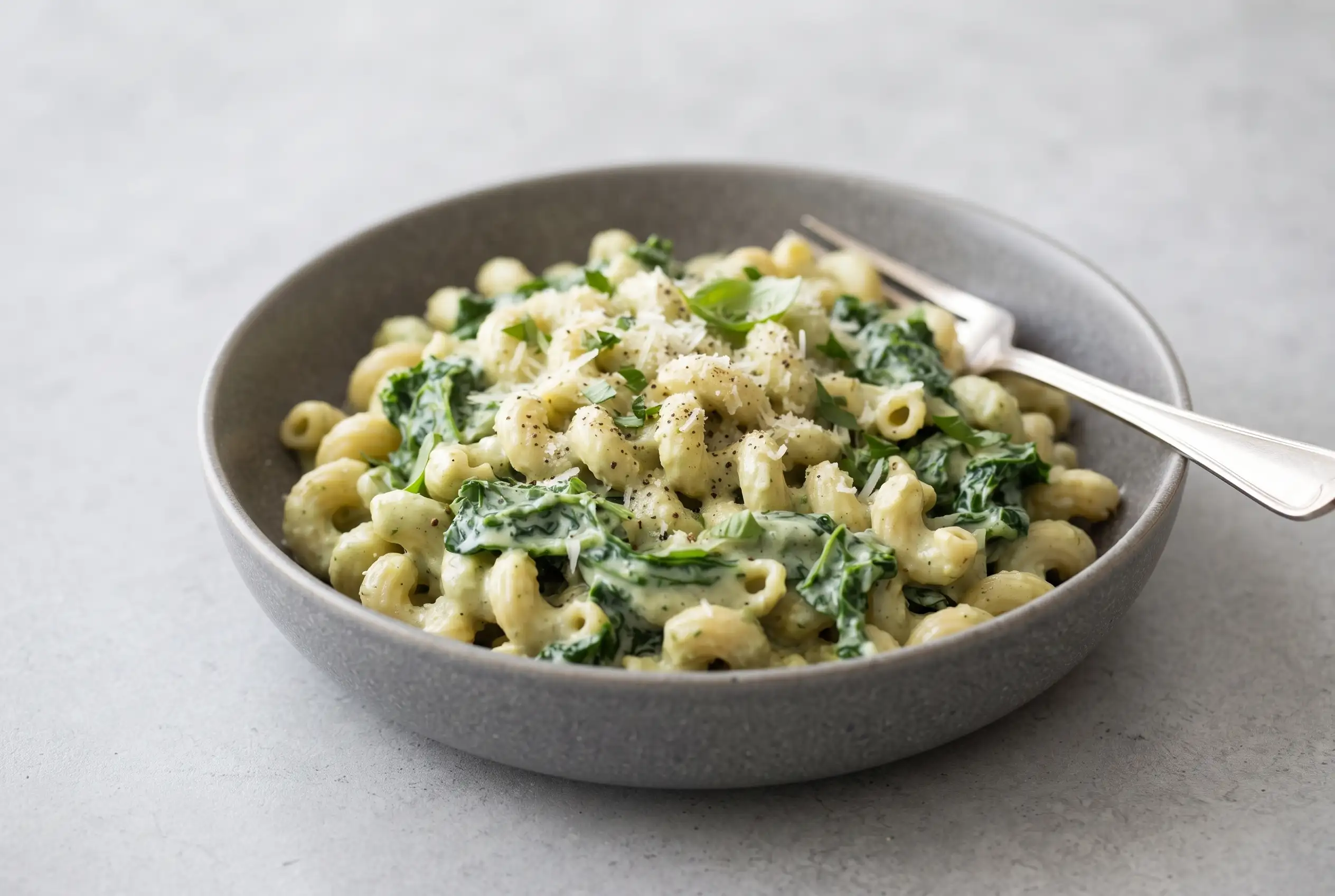 Creamy Kale Pasta Bowl Creamy kale pasta in a bowl with cashew garlic sauce and tender greens