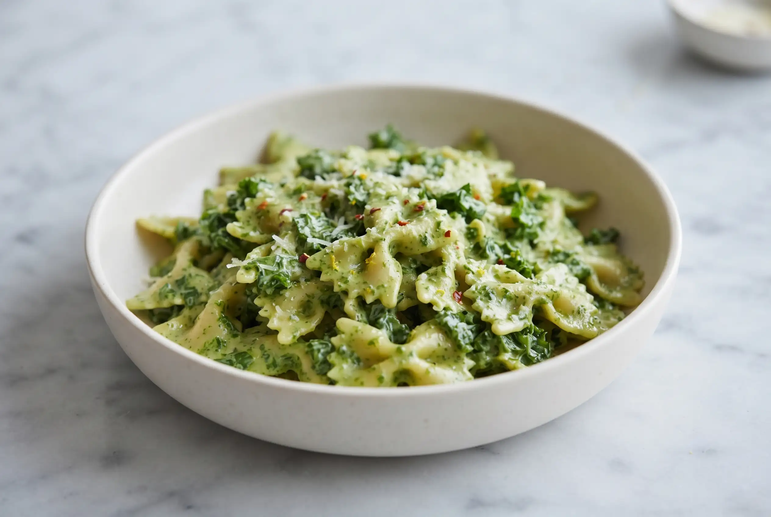 Creamy kale pasta with farfalle in green herb pesto sauce topped with Parmesan and red pepper flakes