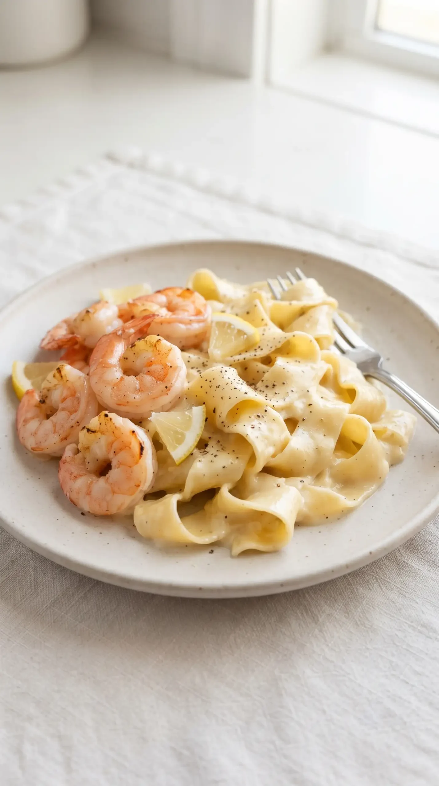 Creamy lemon shrimp pasta with wide pappardelle noodles, shrimp, lemon wedges, and black pepper