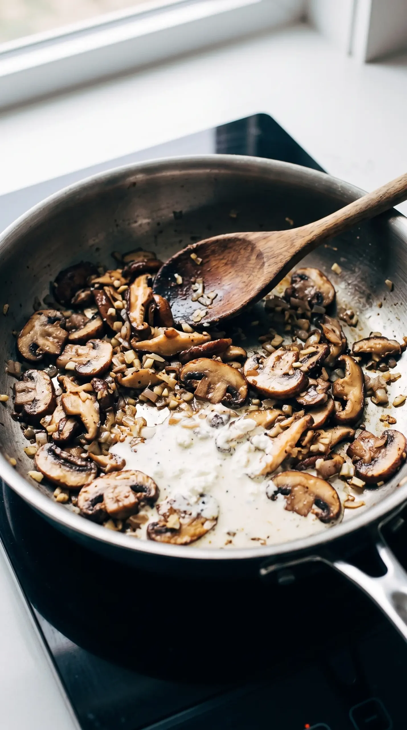 Skillet with browned mushrooms, garlic, shallots, and creamy pasta sauce