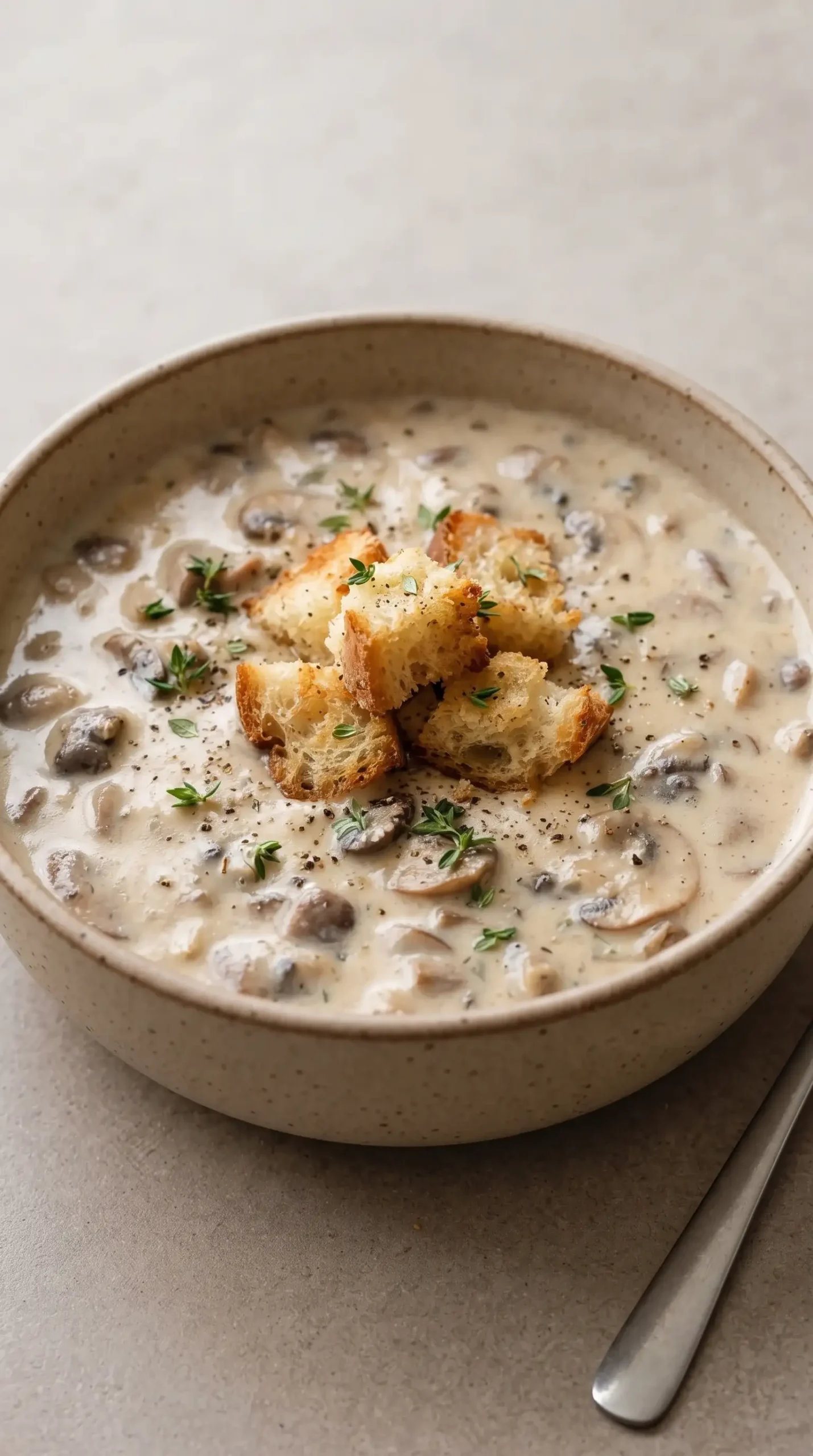 Bowl of creamy mushroom soup topped with sourdough croutons, thyme, and black pepper