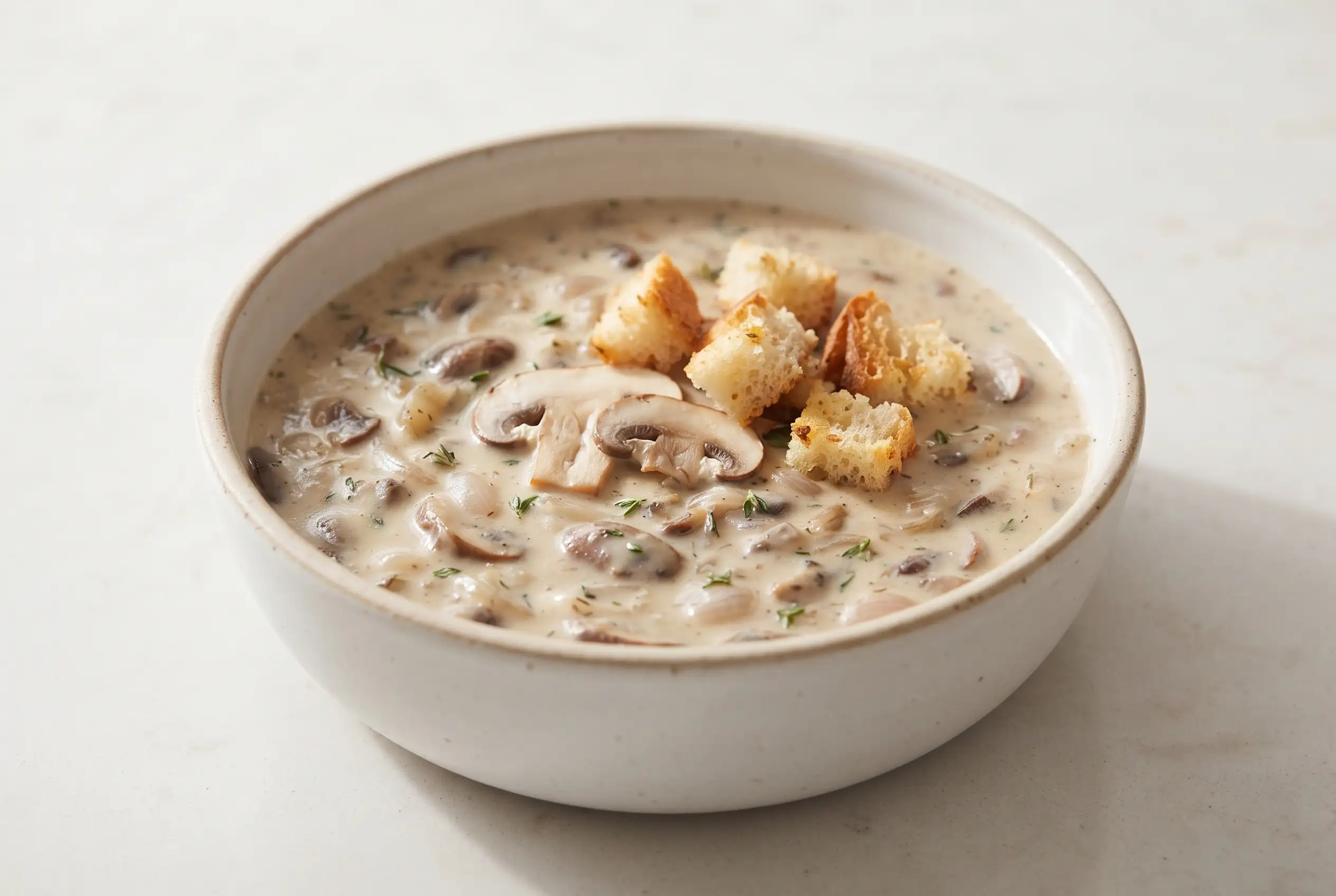 Creamy mushroom soup with sliced mushrooms, thyme, and sourdough croutons in a ceramic bowl