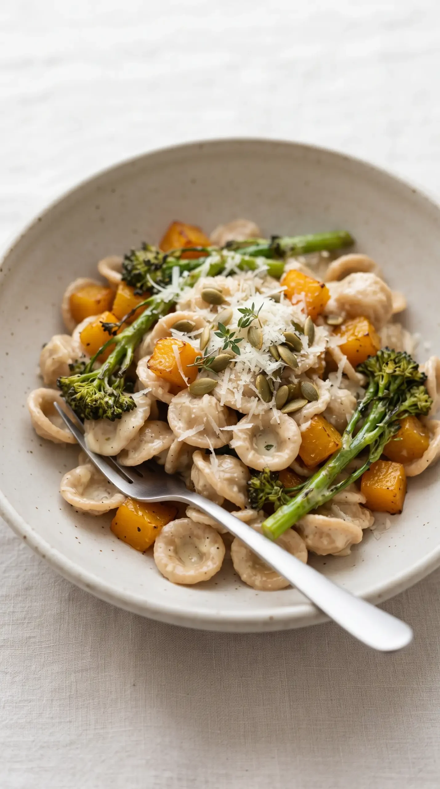 Bowl of creamy Parmesan orecchiette with roasted squash, broccolini, and pumpkin seeds