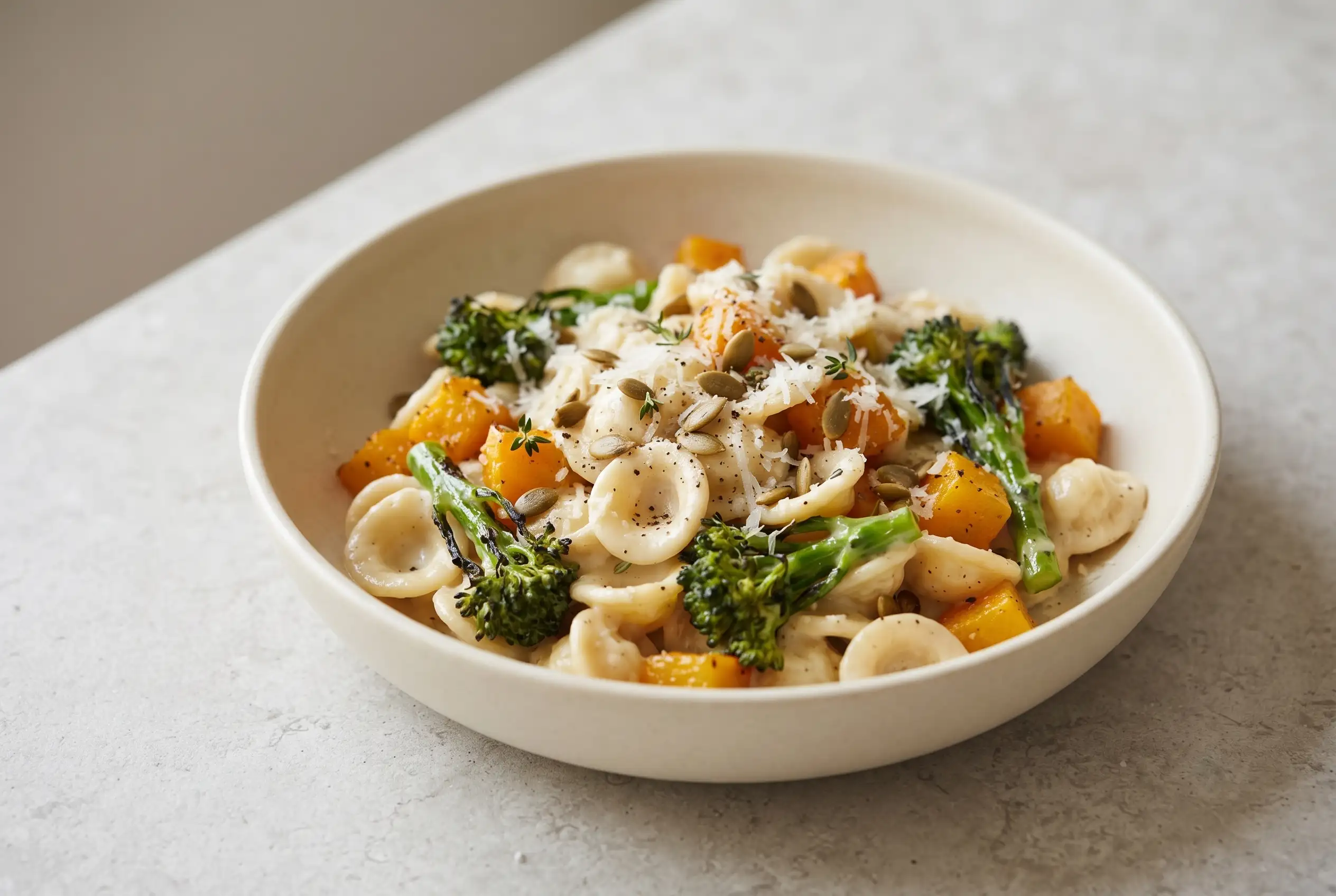 Creamy Parmesan Orecchiette Pasta Creamy Parmesan orecchiette pasta with roasted butternut squash and broccolini