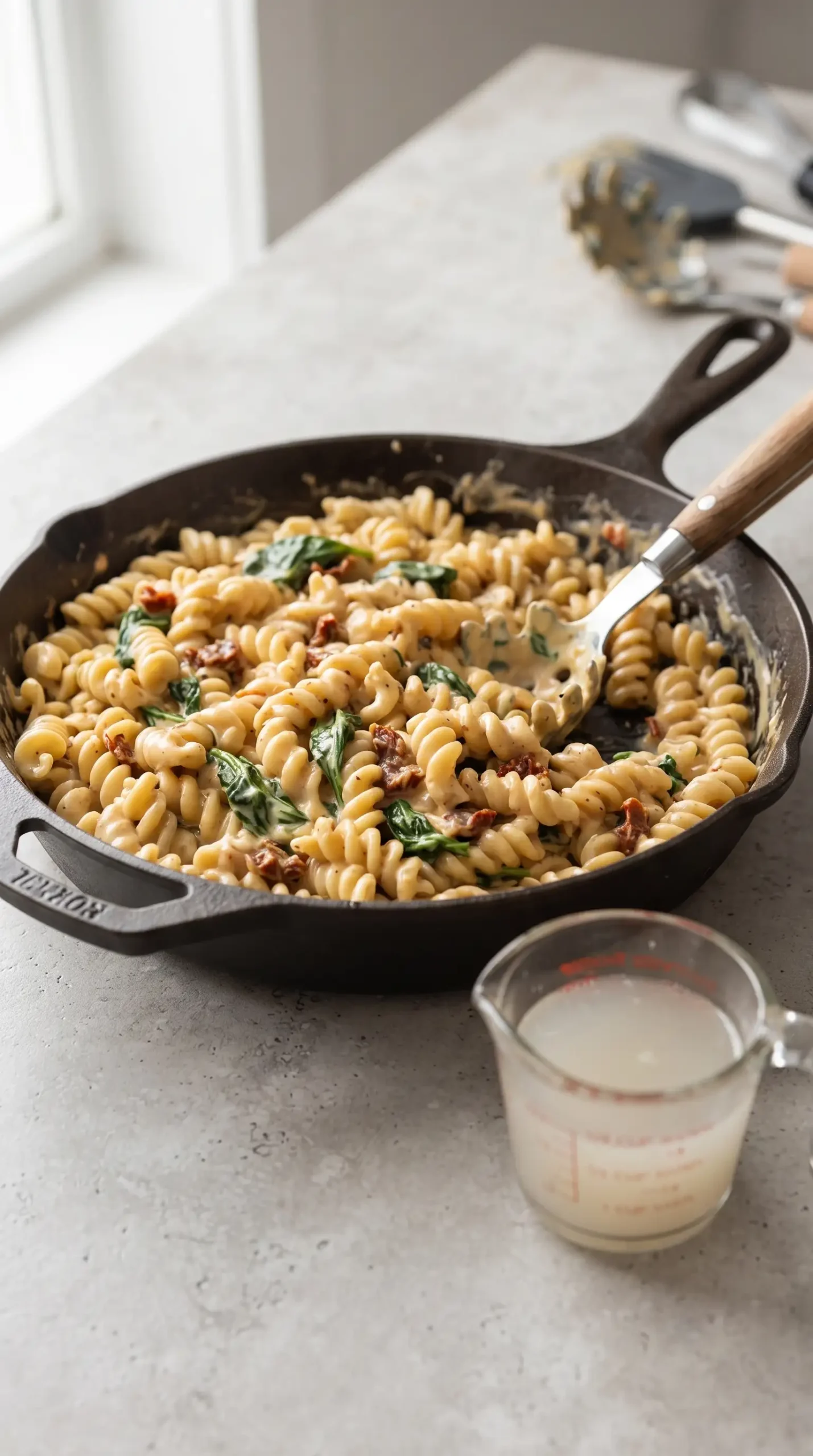Spirali pasta being coated in creamy garlic sauce with spinach and sun-dried tomatoes in a skillet