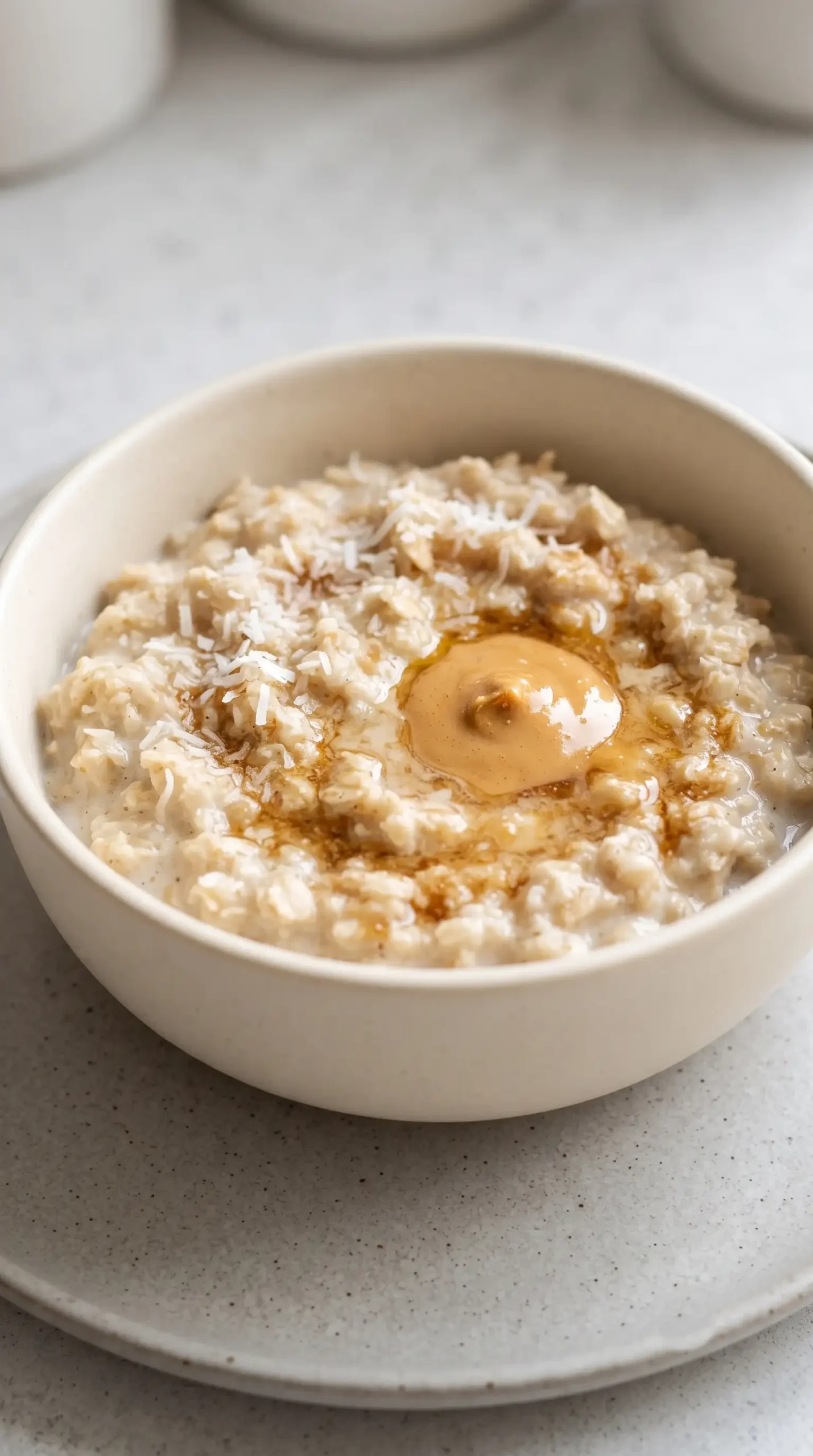 Creamy coconut peanut butter oatmeal topped with melted peanut butter and shredded coconut