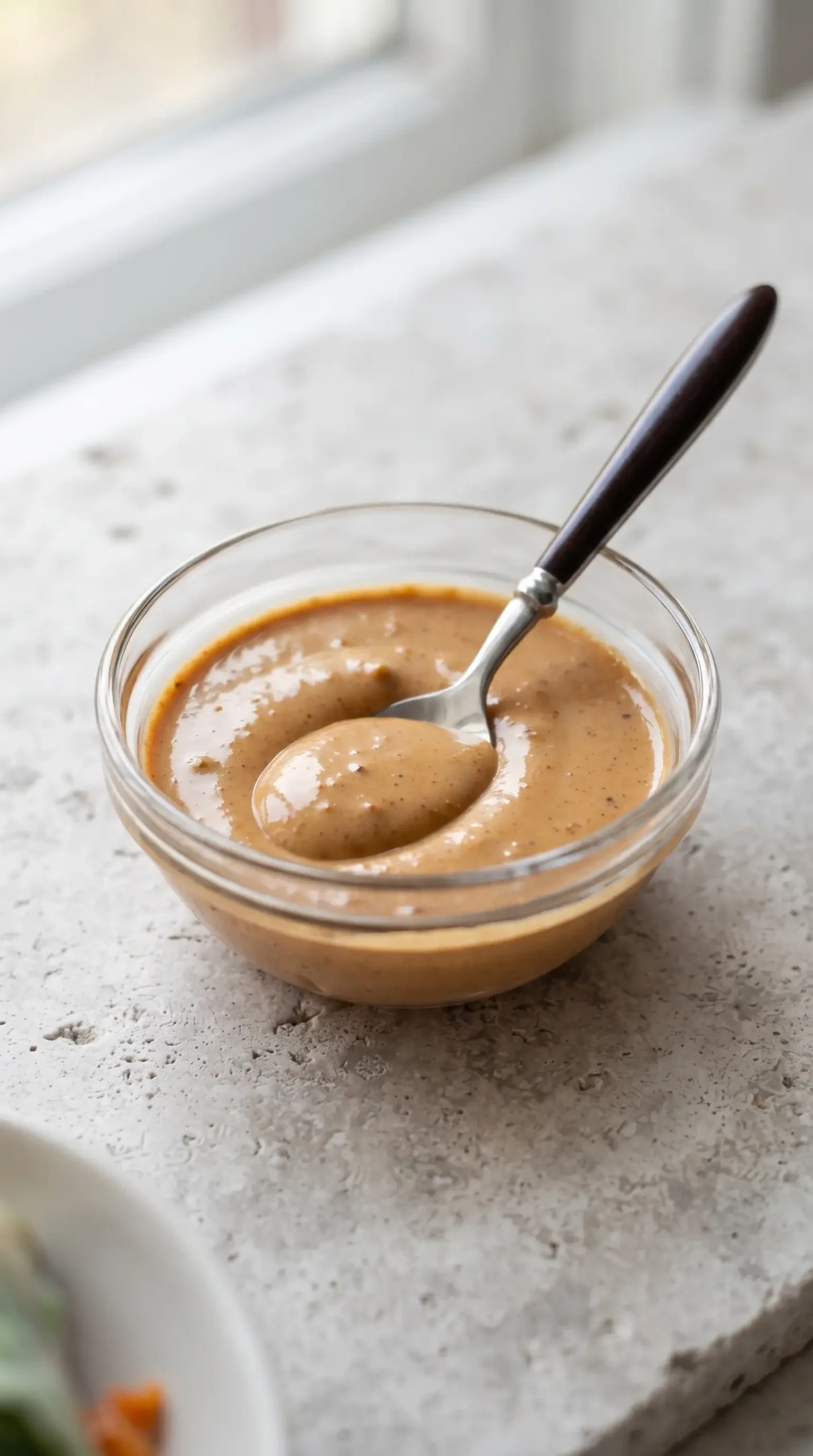 Creamy peanut sauce made with peanut butter, soy sauce, rice vinegar, honey, and garlic.